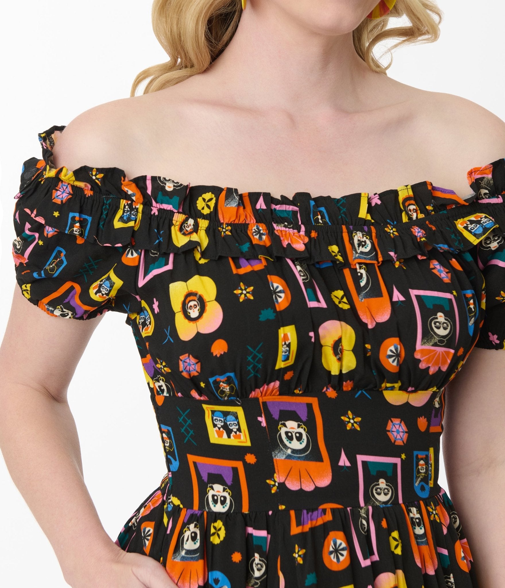 Disney Pixar Coco Collection by Unique Vintage Black Day of the Dead Print Ruffle Swing Dress - Unique Vintage - Womens, DRESSES, SWING