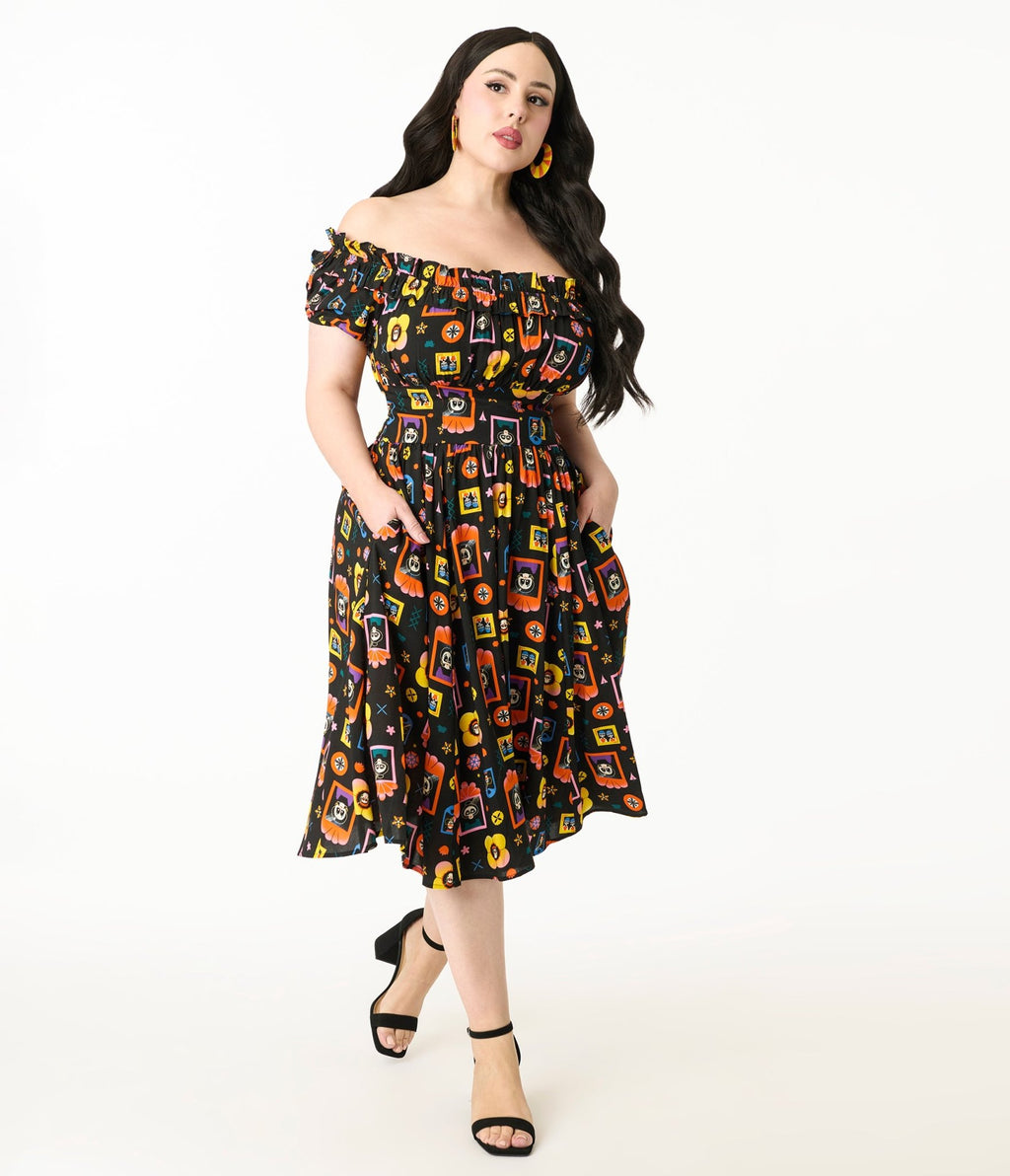 Disney Pixar Coco Collection by Unique Vintage Plus Black Day of the Dead Ruffle Swing Dress - Unique Vintage Womens, DRESSES