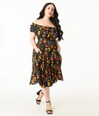 Disney Pixar Coco Collection by Unique Vintage Plus Black Day of the Dead Ruffle Swing Dress - Unique Vintage Womens, DRESSES