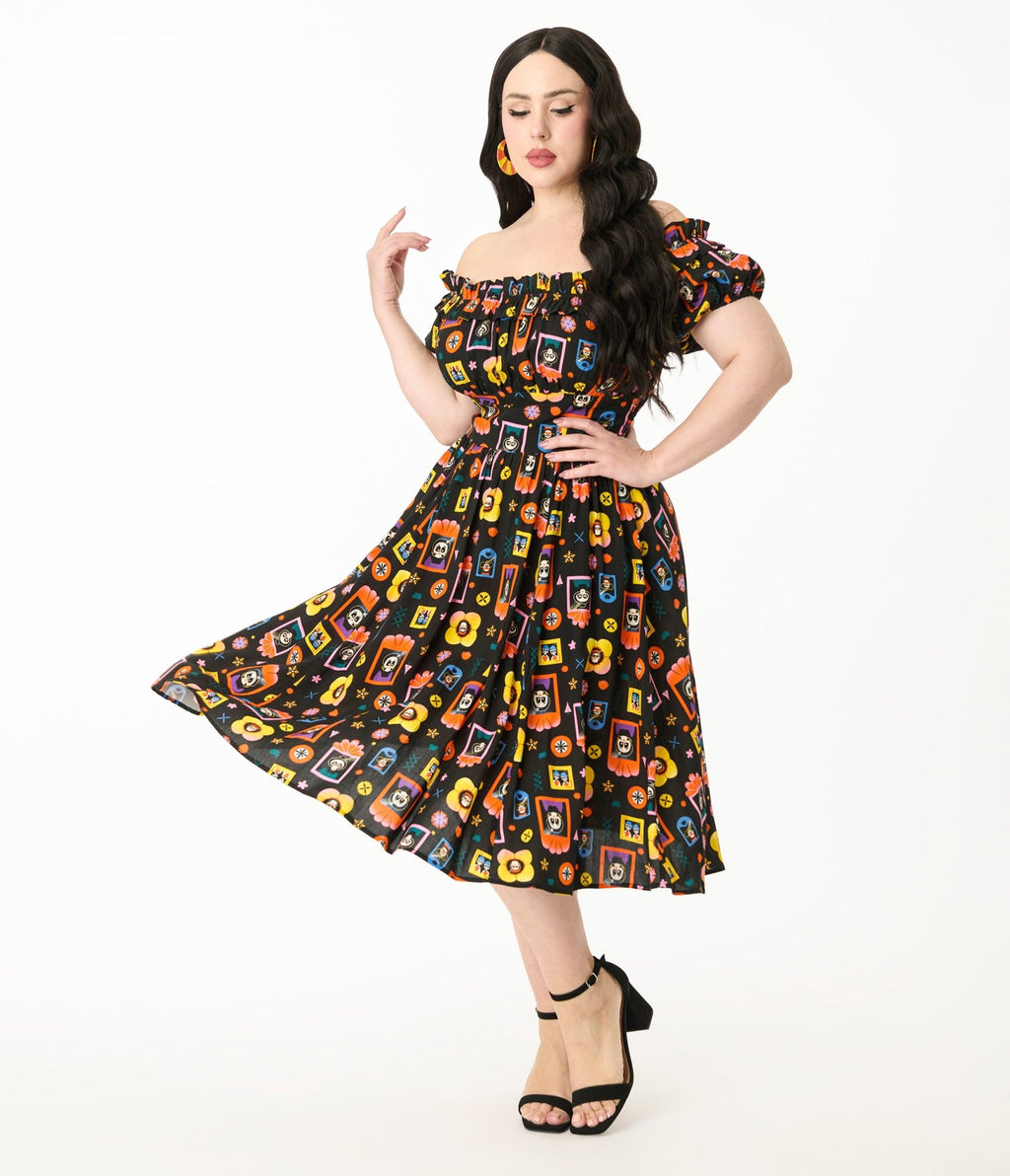 Disney Pixar Coco Collection by Unique Vintage Plus Black Day of the Dead Ruffle Swing Dress - Unique Vintage Womens, DRESSES