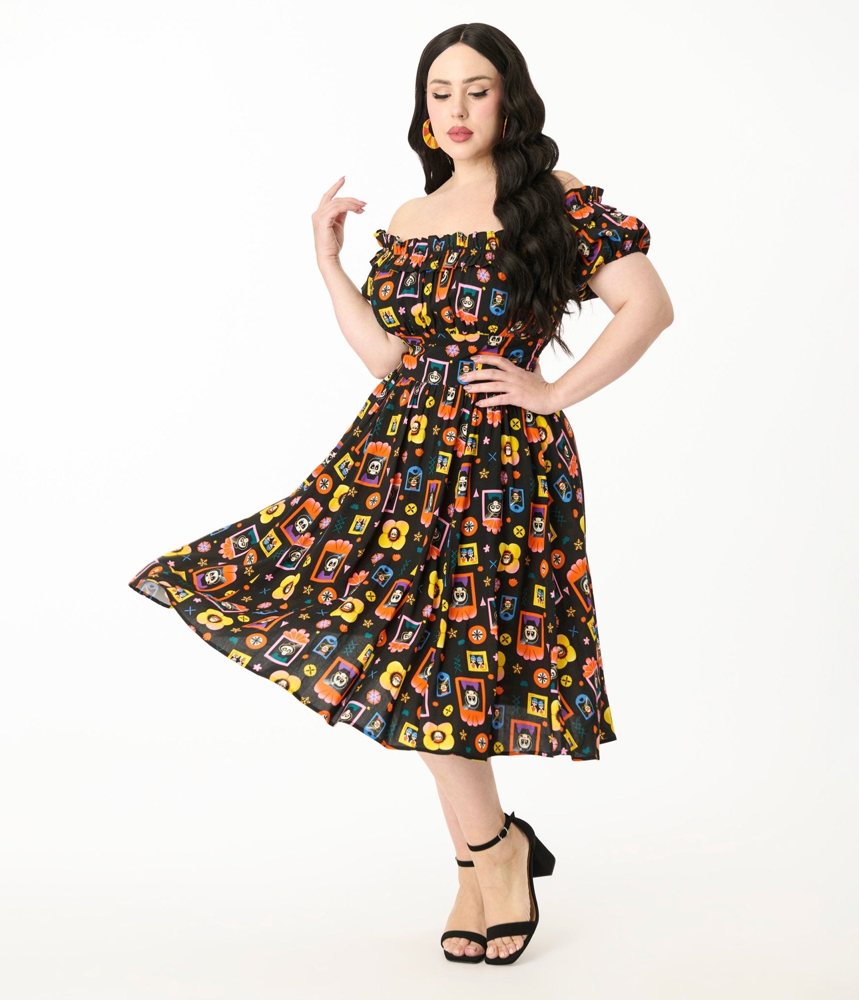 Disney Pixar Coco Collection by Unique Vintage Plus Black Day of the Dead Ruffle Swing Dress - Unique Vintage Womens, DRESSES