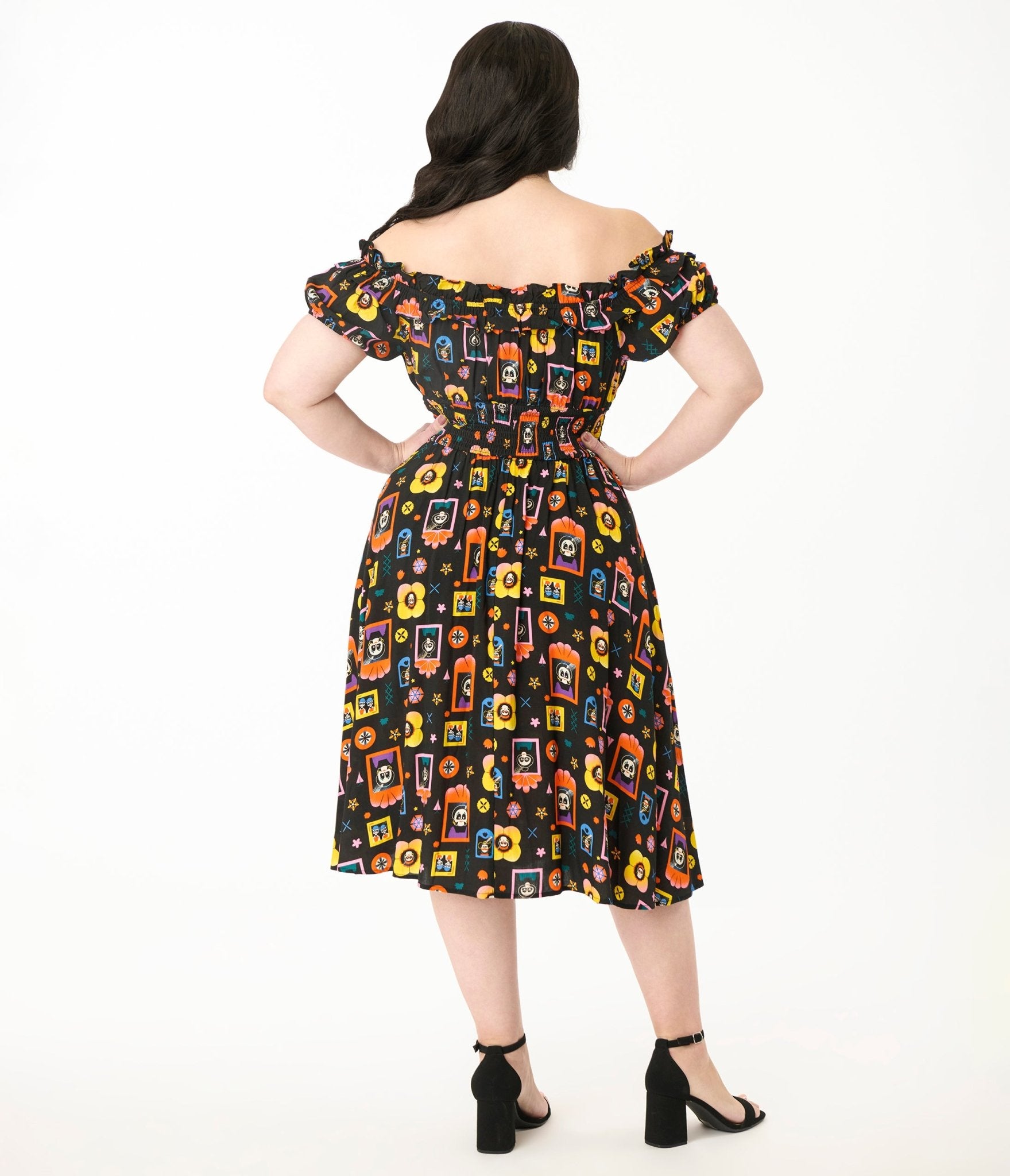 Disney Pixar Coco Collection by Unique Vintage Plus Black Day of the Dead Ruffle Swing Dress - Unique Vintage Womens, DRESSES