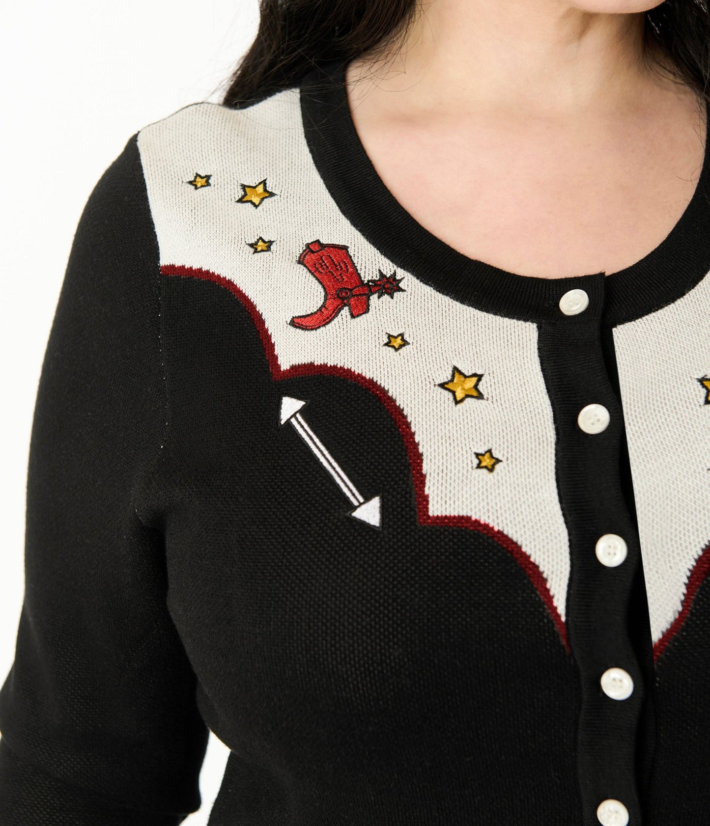 Disney Pixar Toy Story Collection by Unique Vintage Plus Size Black & Ivory Woody's Cowboy Boot Embroidered Cardigan