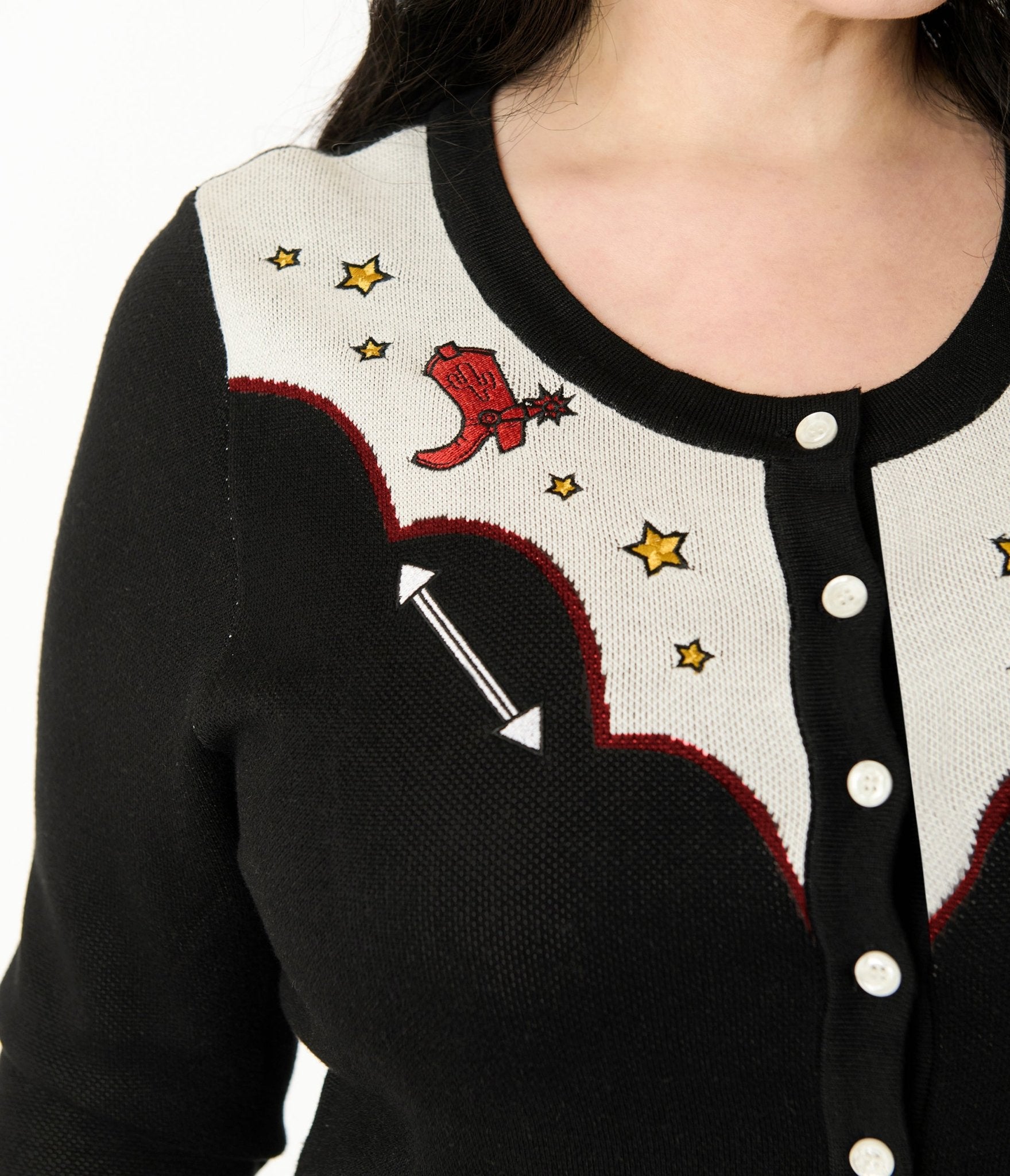 Disney Pixar Toy Story Collection by Unique Vintage Plus Size Black & Ivory Woody's Cowboy Boot Embroidered Cardigan