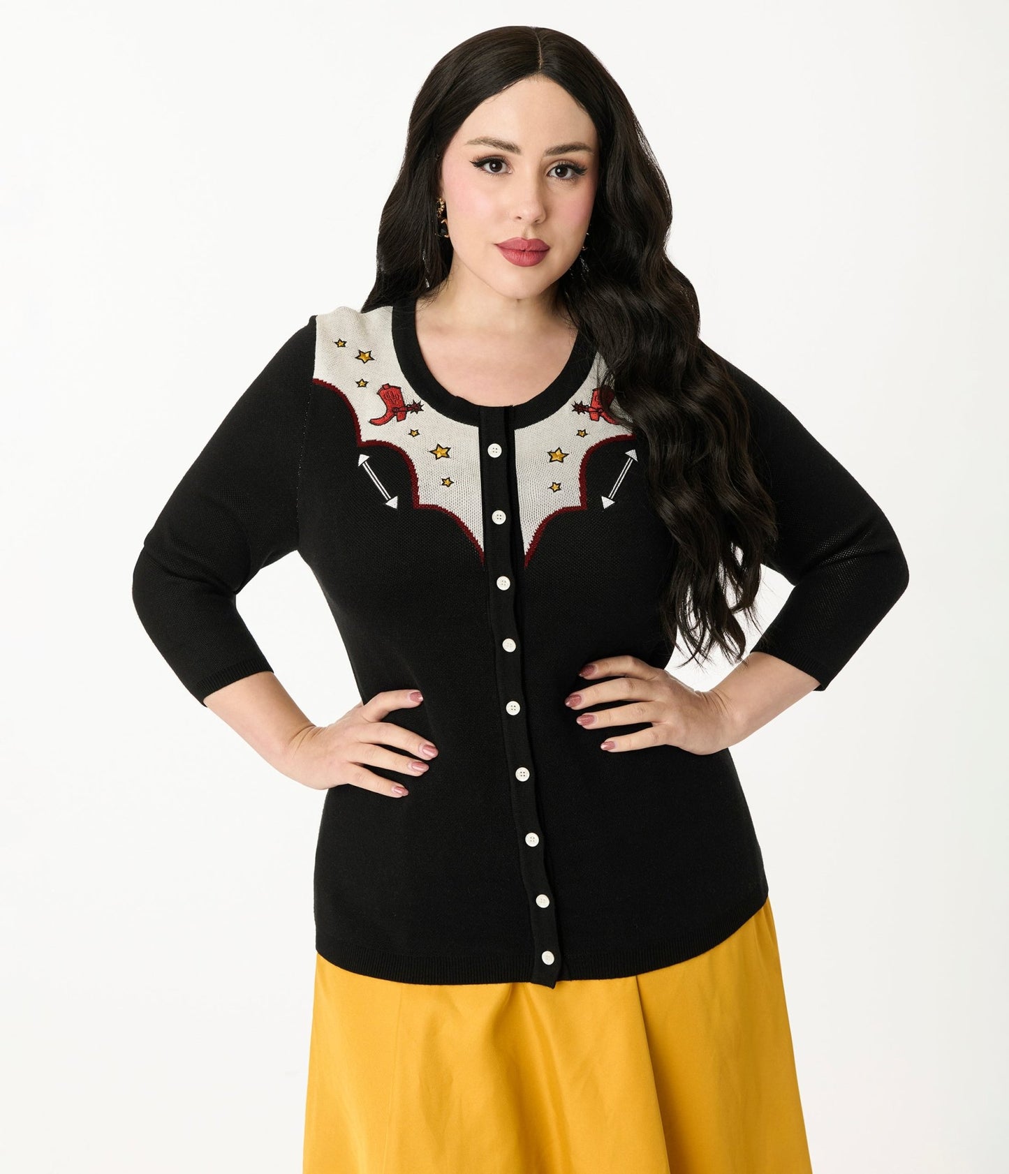 Disney Pixar Toy Story Collection by Unique Vintage Plus Size Black & Ivory Woody's Cowboy Boot Embroidered Cardigan