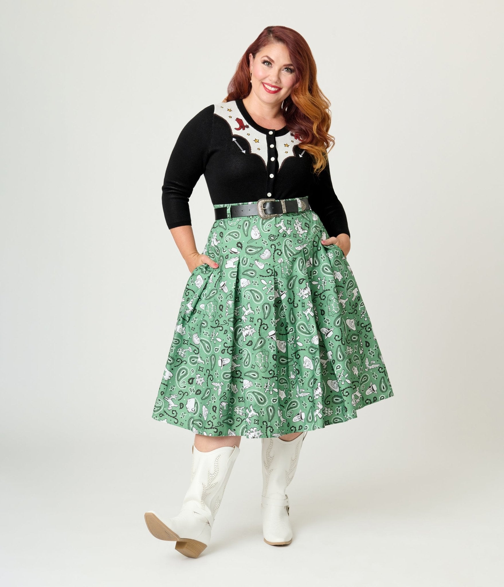 Disney Pixar Toy Story Collection by Unique Vintage Plus Size Sage Green Woody & Jessie Bandana Print Midi Skirt - Womens
