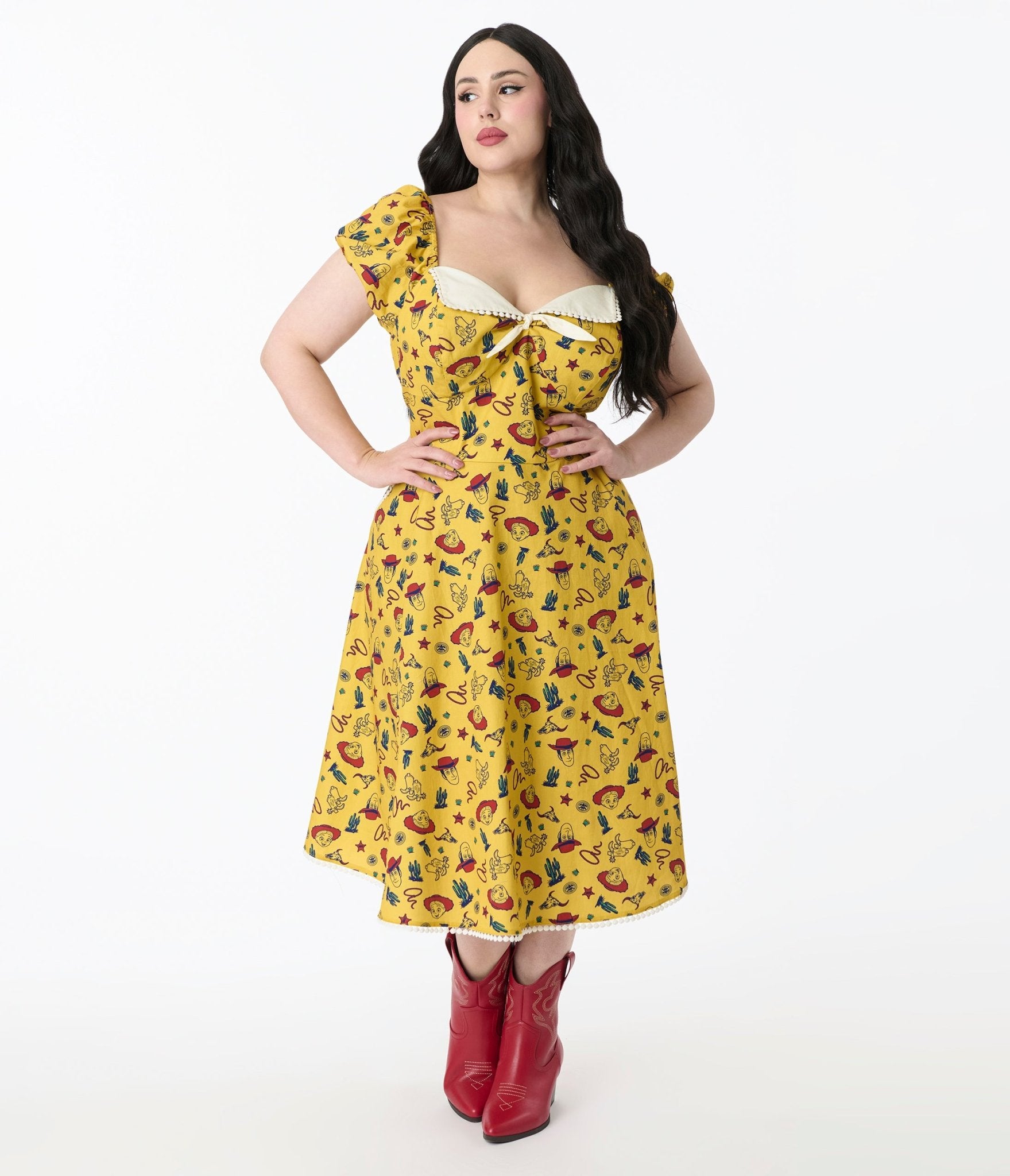Disney Pixar Toy Story Collection by Unique Vintage Plus Size Yellow Woody & Jessie All Over Print Swing Dress - Womens