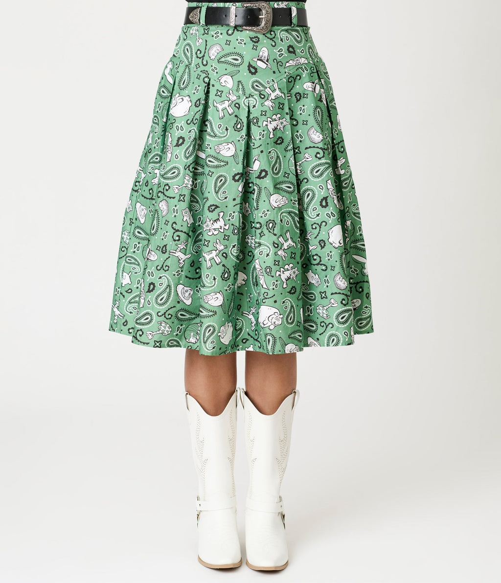 Disney Pixar Toy Story Collection by Unique Vintage Sage Green Woody & Jessie Bandana Print Midi Skirt - Unique Vintage - Womens, BOTTOMS, SKIRTS