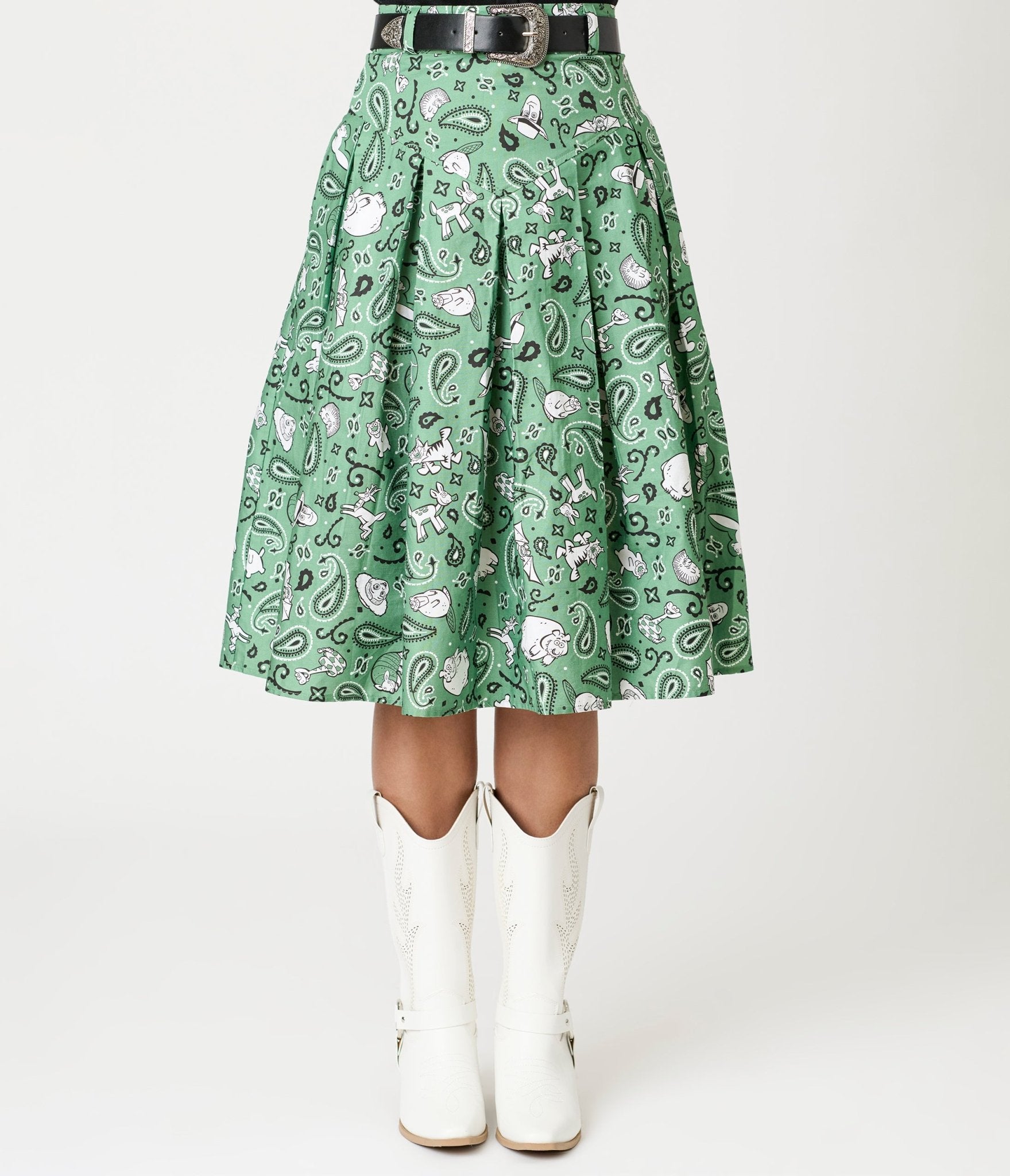 Disney Pixar Toy Story Collection by Unique Vintage Sage Green Woody & Jessie Bandana Print Midi Skirt - Unique Vintage - Womens, BOTTOMS, SKIRTS