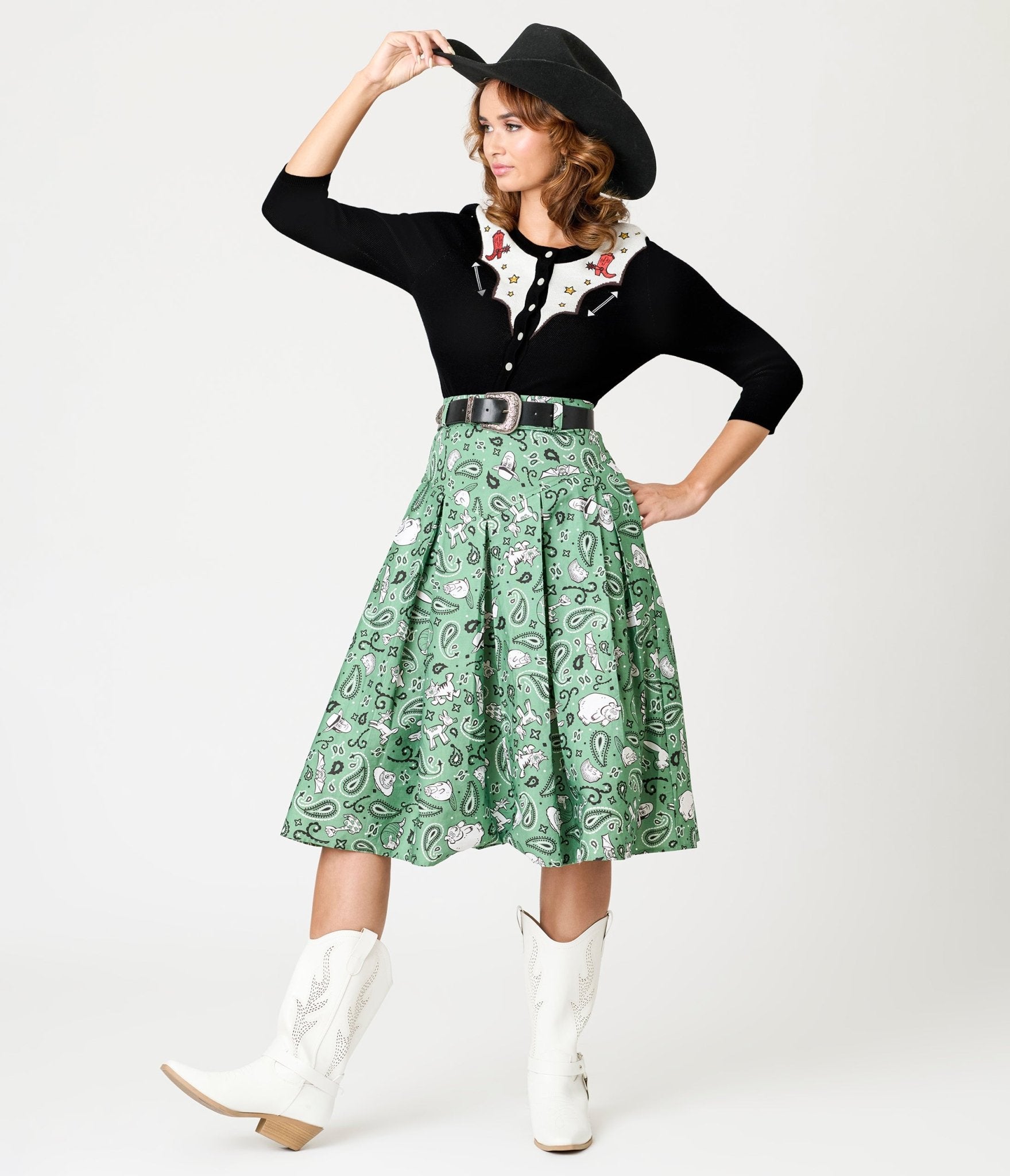 Disney Pixar Toy Story Collection by Unique Vintage Sage Green Woody & Jessie Bandana Print Midi Skirt - Unique Vintage - Womens, BOTTOMS, SKIRTS