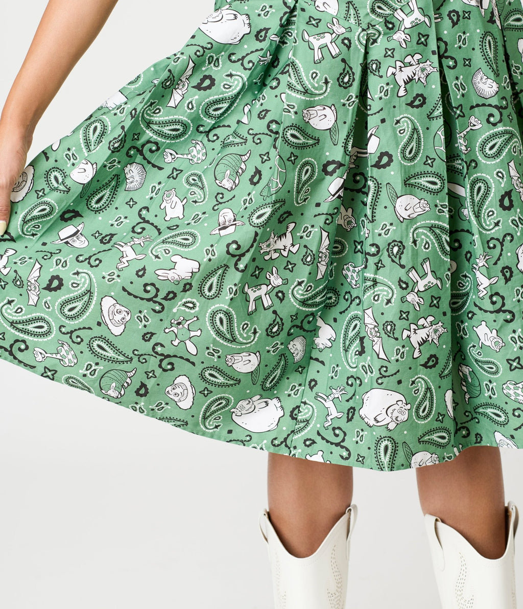 Disney Pixar Toy Story Collection by Unique Vintage Sage Green Woody & Jessie Bandana Print Midi Skirt - Unique Vintage - Womens, BOTTOMS, SKIRTS