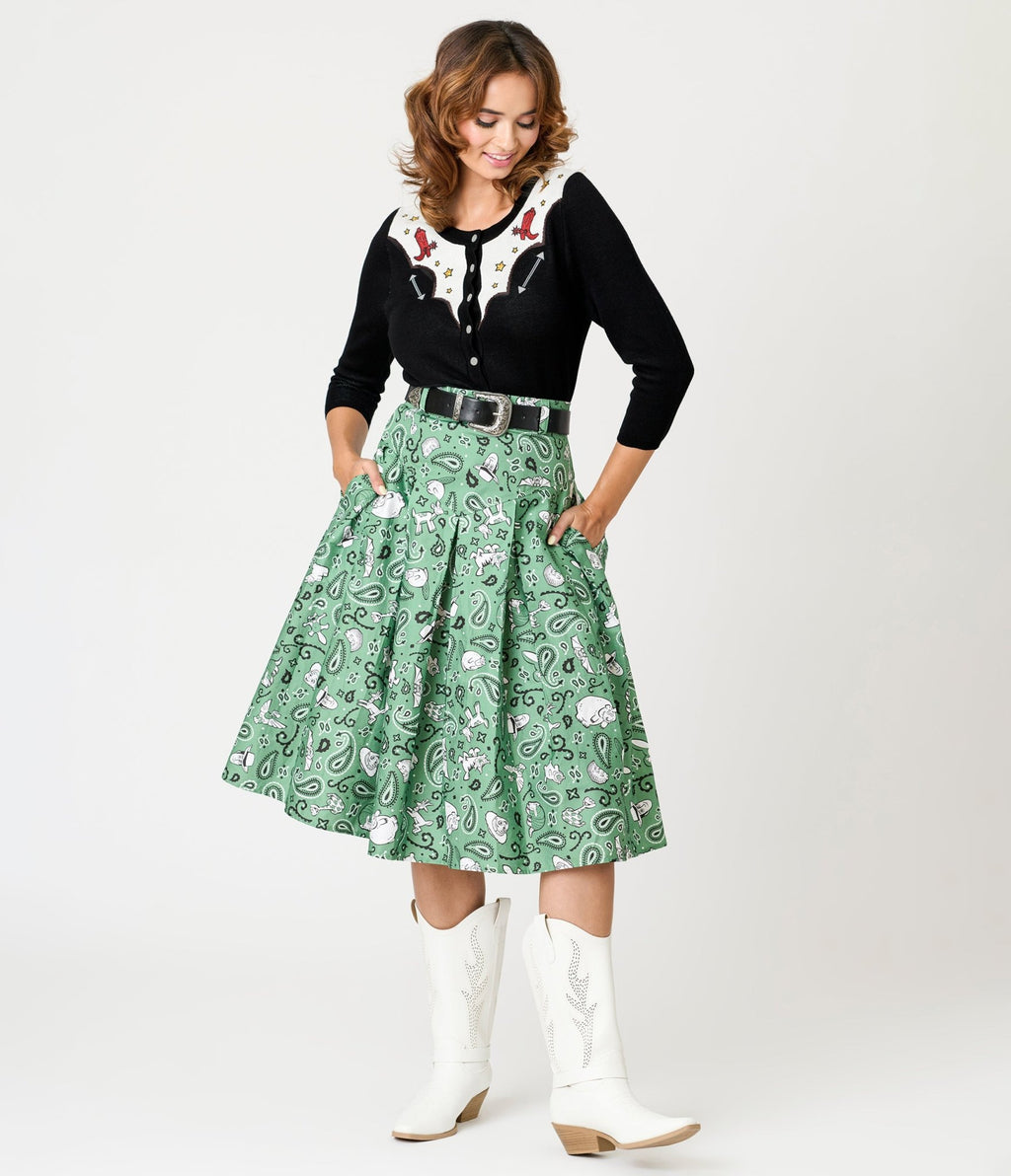 Disney Pixar Toy Story Collection by Unique Vintage Sage Green Woody & Jessie Bandana Print Midi Skirt - Unique Vintage - Womens, BOTTOMS, SKIRTS