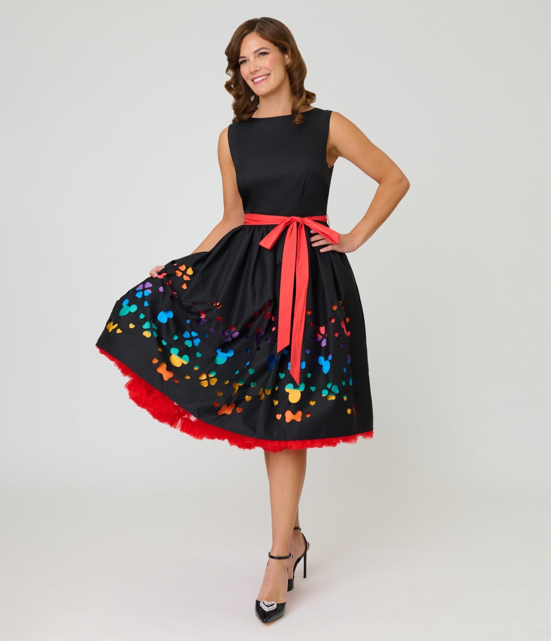 Disney Pride Collection by Unique Vintage Black & Rainbow Stripe Mickey Cutout Swing Dress M/8-10