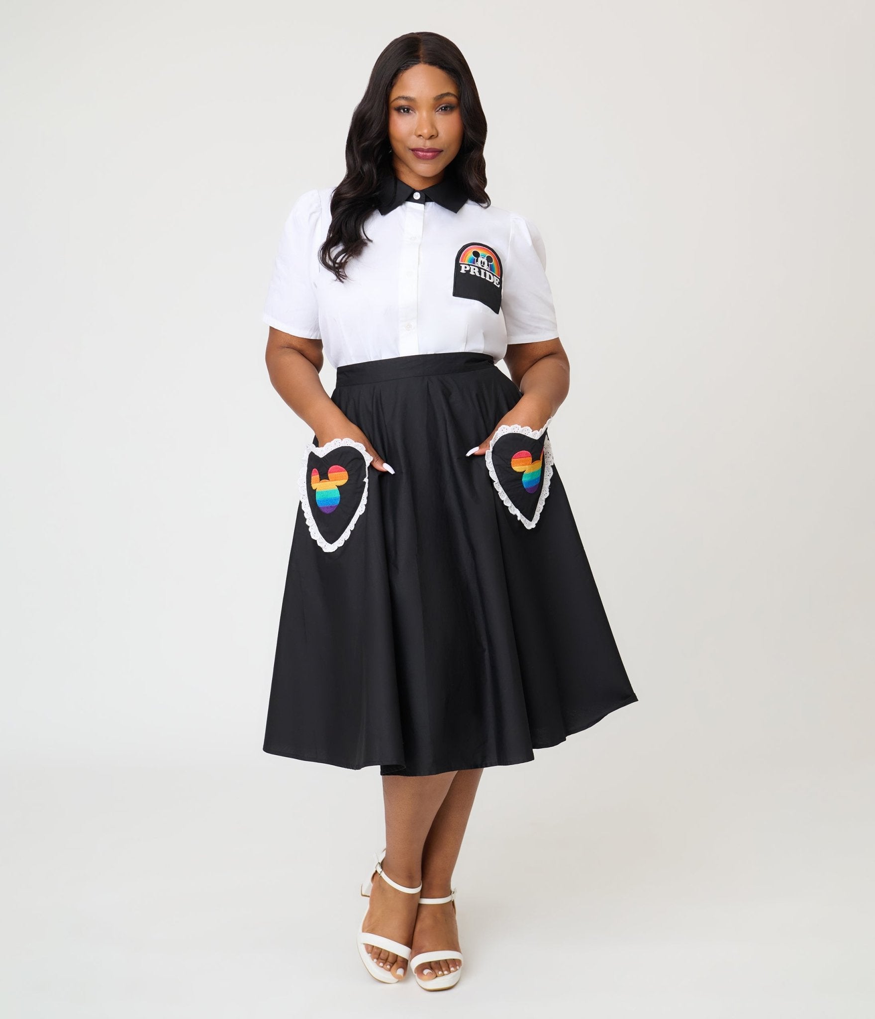 Disney Pride Collection by Unique Vintage Plus Size Black & Mickey Heart Pocket Sally Swing Skirt - Unique Vintage - Womens, BOTTOMS, SKIRTS