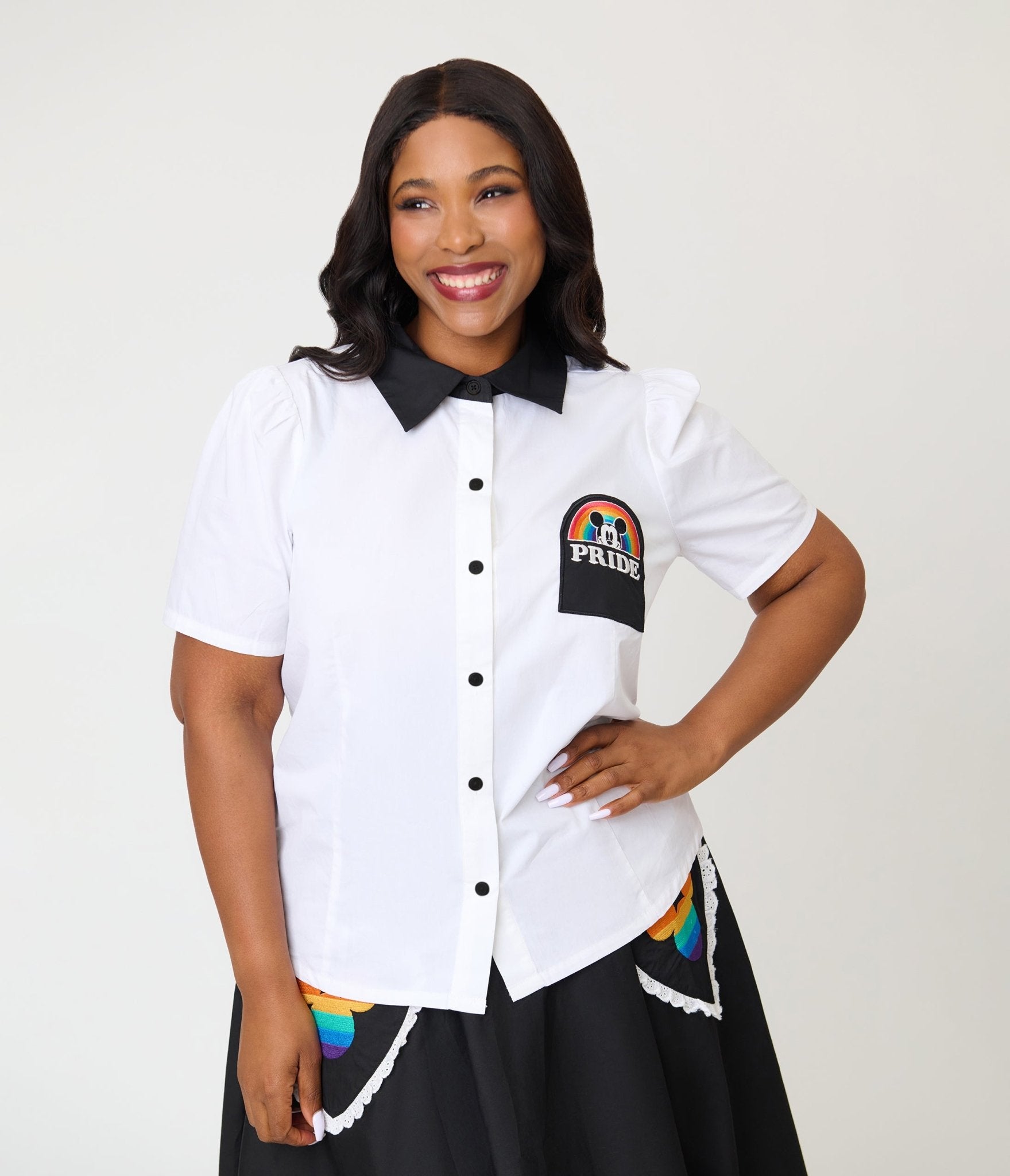 Disney Pride Collection by Unique Vintage Plus Size White Mickey Rainbow Pocket Collared Blouse - Unique Vintage - Womens, TOPS, WOVEN TOPS