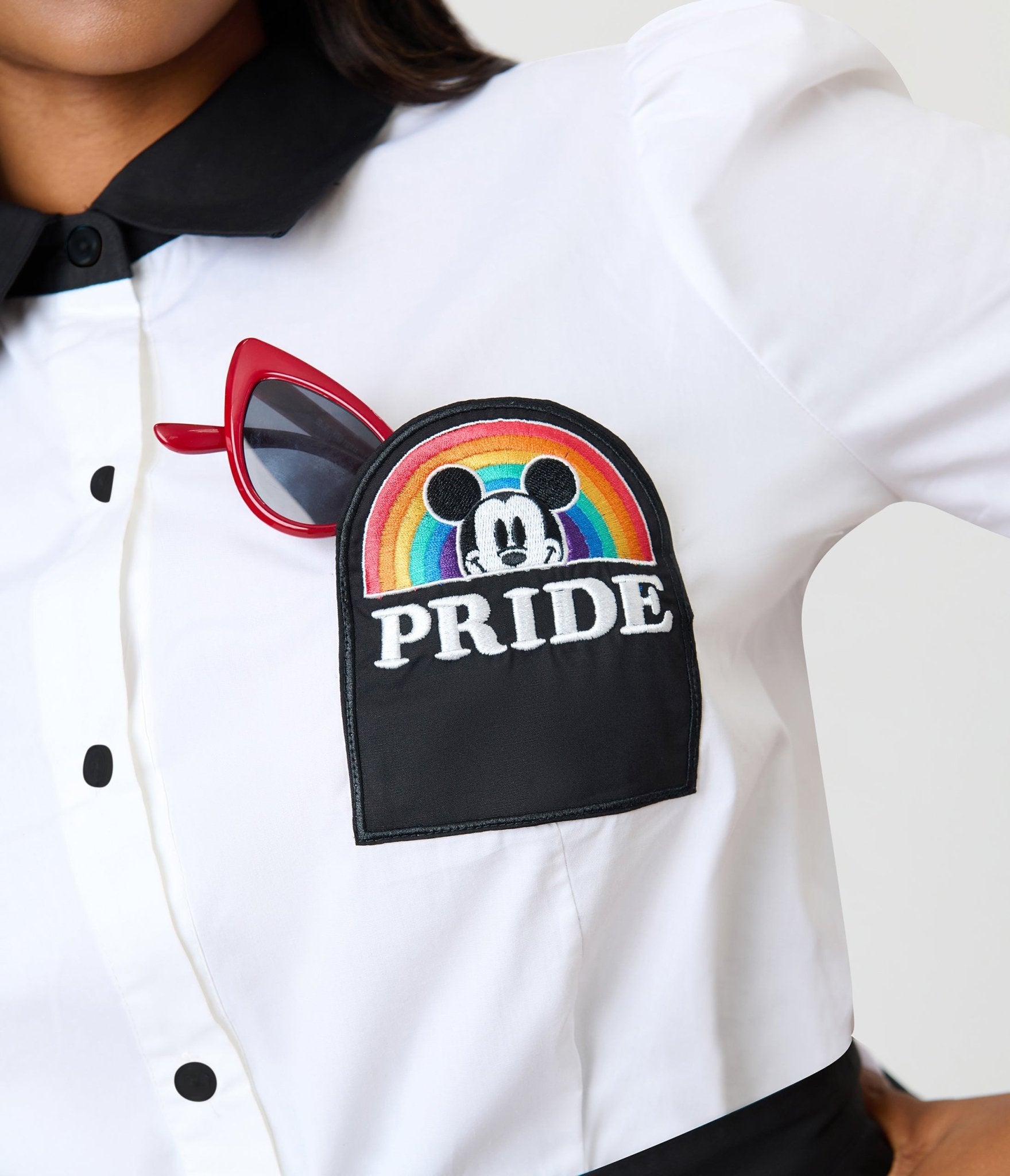 Disney Pride Collection by Unique Vintage Plus Size White Mickey Rainbow Pocket Collared Blouse - Unique Vintage - Womens, TOPS, WOVEN TOPS