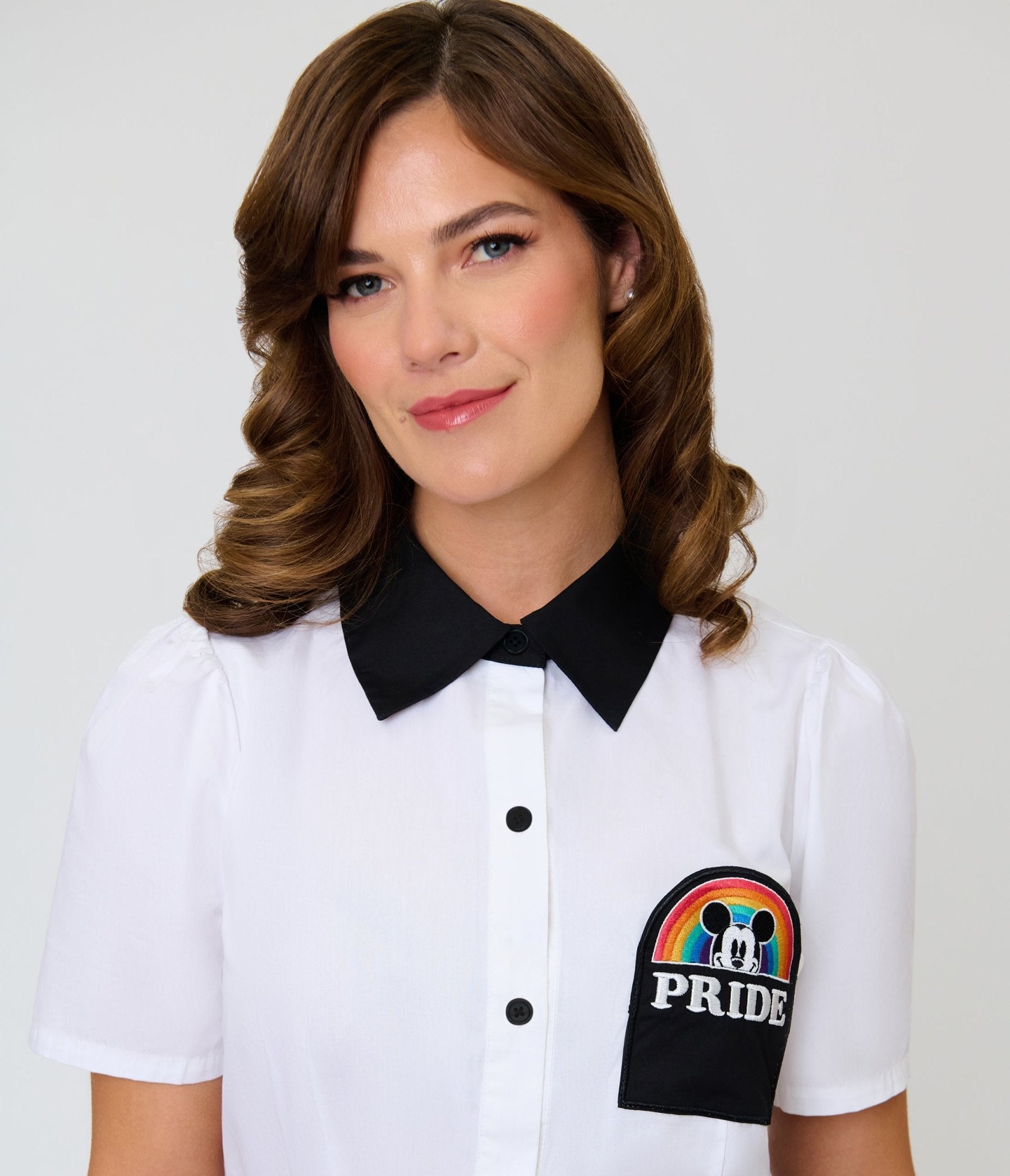 Disney Pride Collection by Unique Vintage White Mickey Rainbow Pocket Collared Blouse - Unique Vintage - Womens, TOPS, WOVEN TOPS