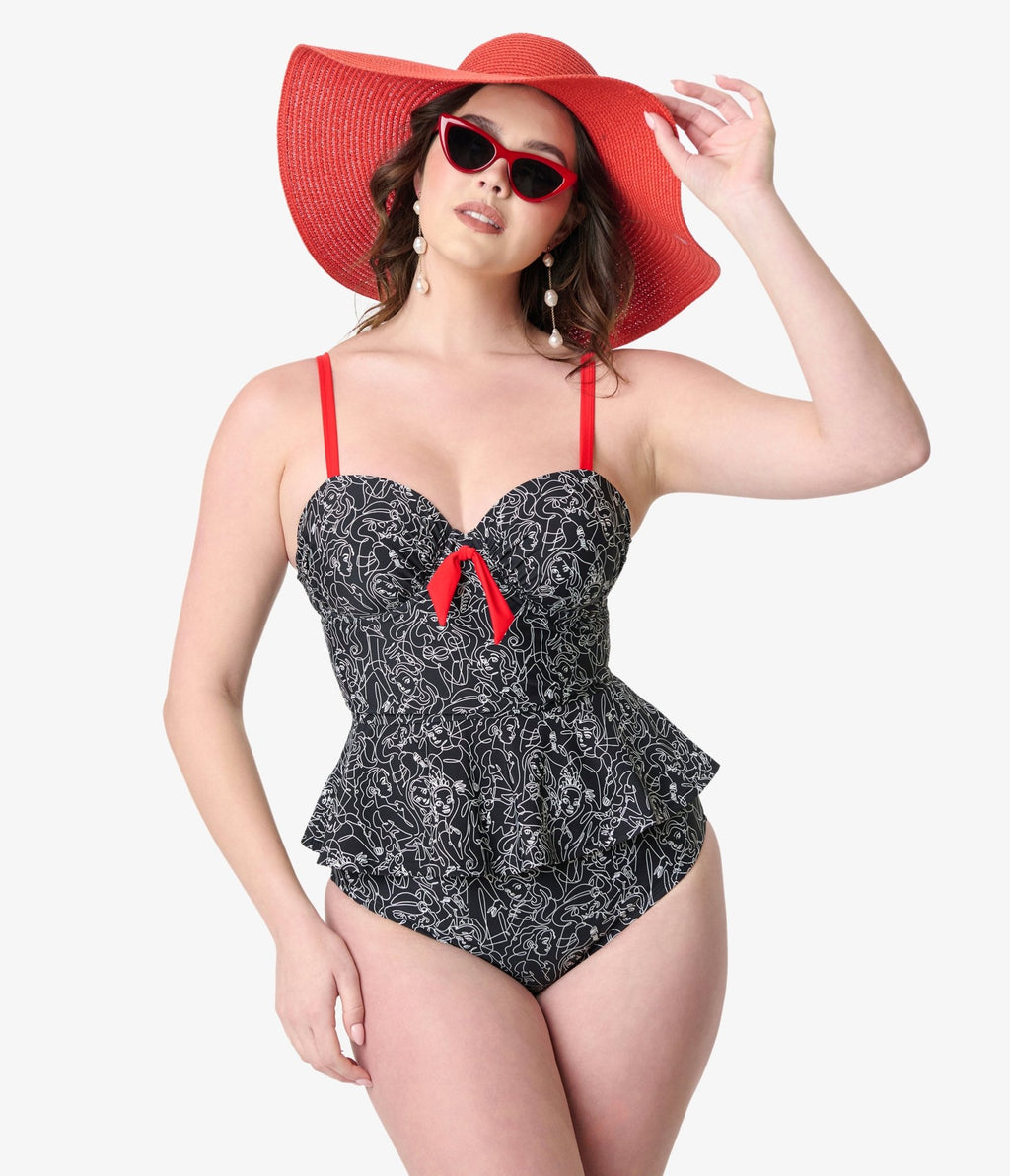 Disney Princess Collection by Unique Vintage Black & White Princess Print Tankini Swim Top - Unique Vintage - Womens SWIM TOP