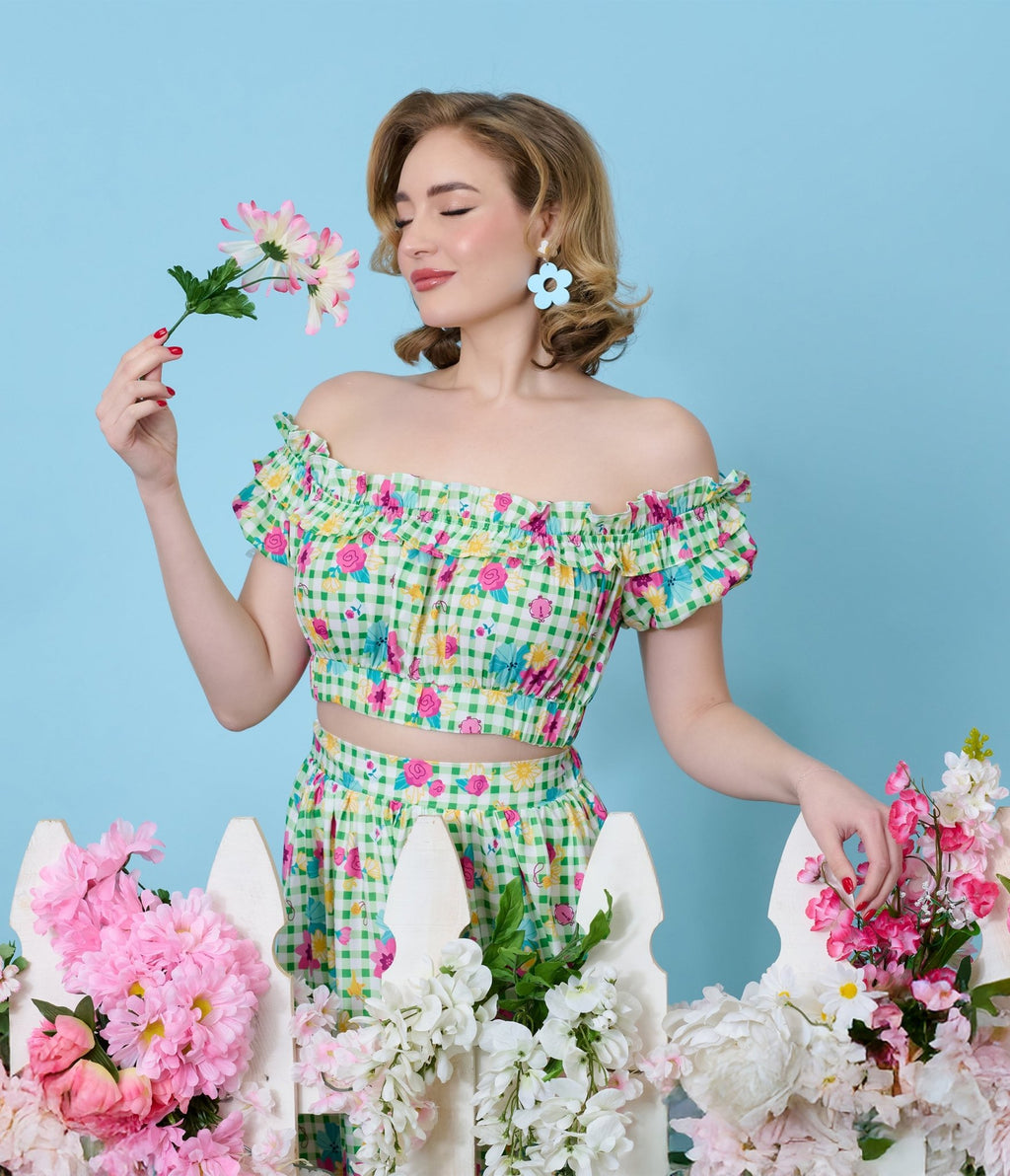 Disney Princess Collection by Unique Vintage Green Gingham Princess Floral Ruffle Up Crop Top - Unique Vintage - Womens, TOPS, WOVEN TOPS