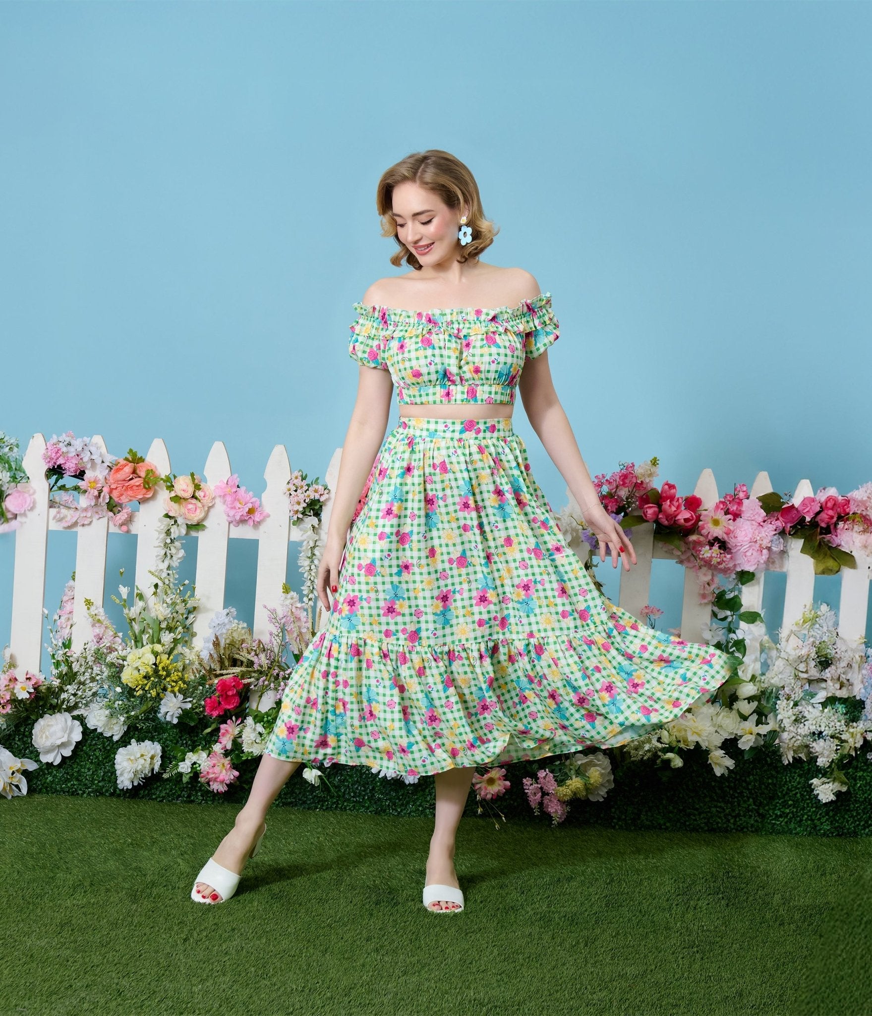 Disney Princess Collection by Unique Vintage Green Gingham Tiered Midi Skirt - Unique Vintage - Womens, BOTTOMS, SKIRTS