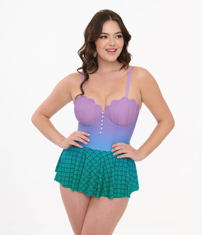 Disney Princess Collection by Unique Vintage Mermaid Ombre Skirted One Piece Swimsuit - Unique Vintage - Womens, SWIM, 1 PC