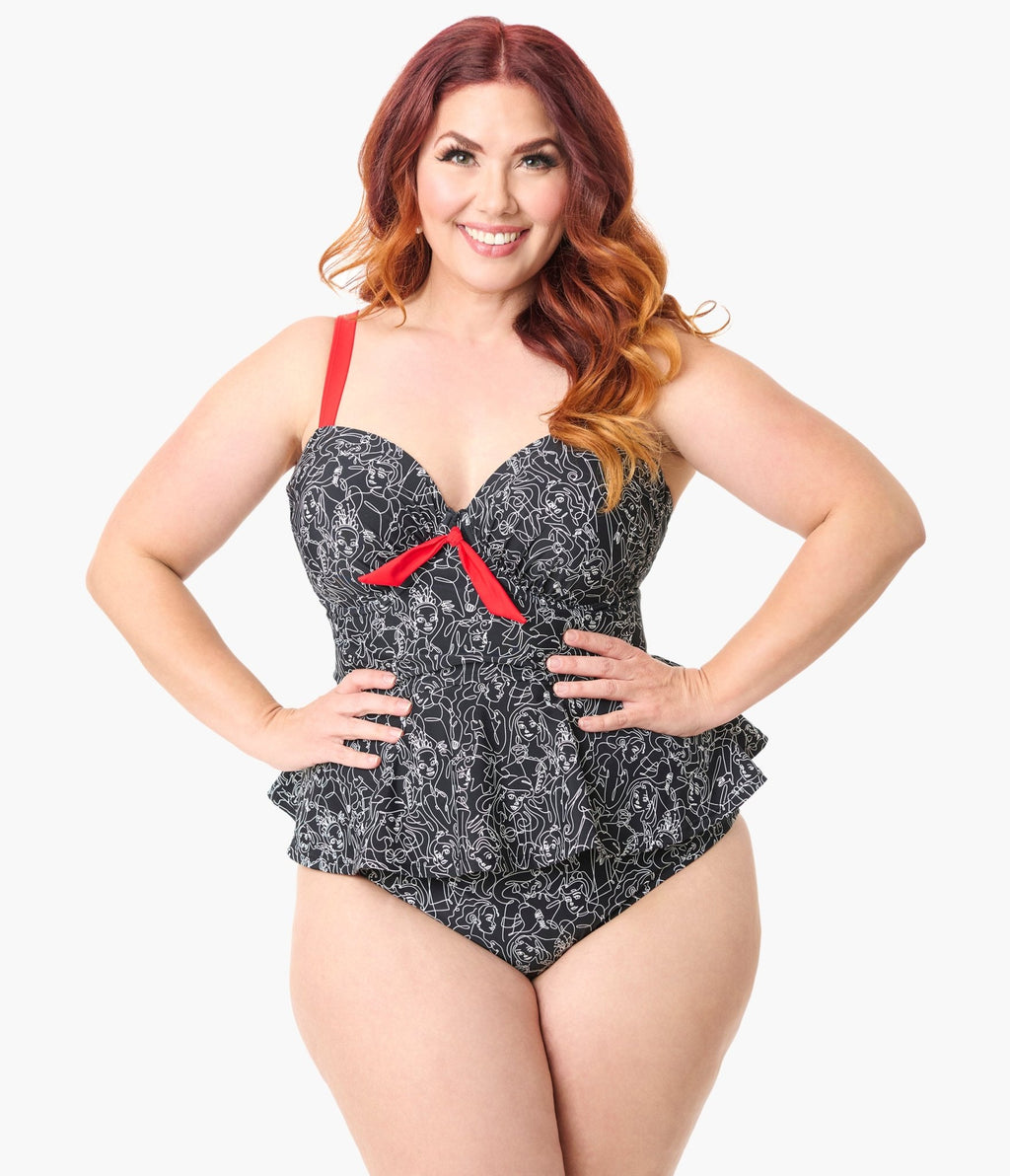 Disney Princess Collection by Unique Vintage Plus Black & White Princess Print Tankini Swim Top - Unique Vintage Womens SWIM
