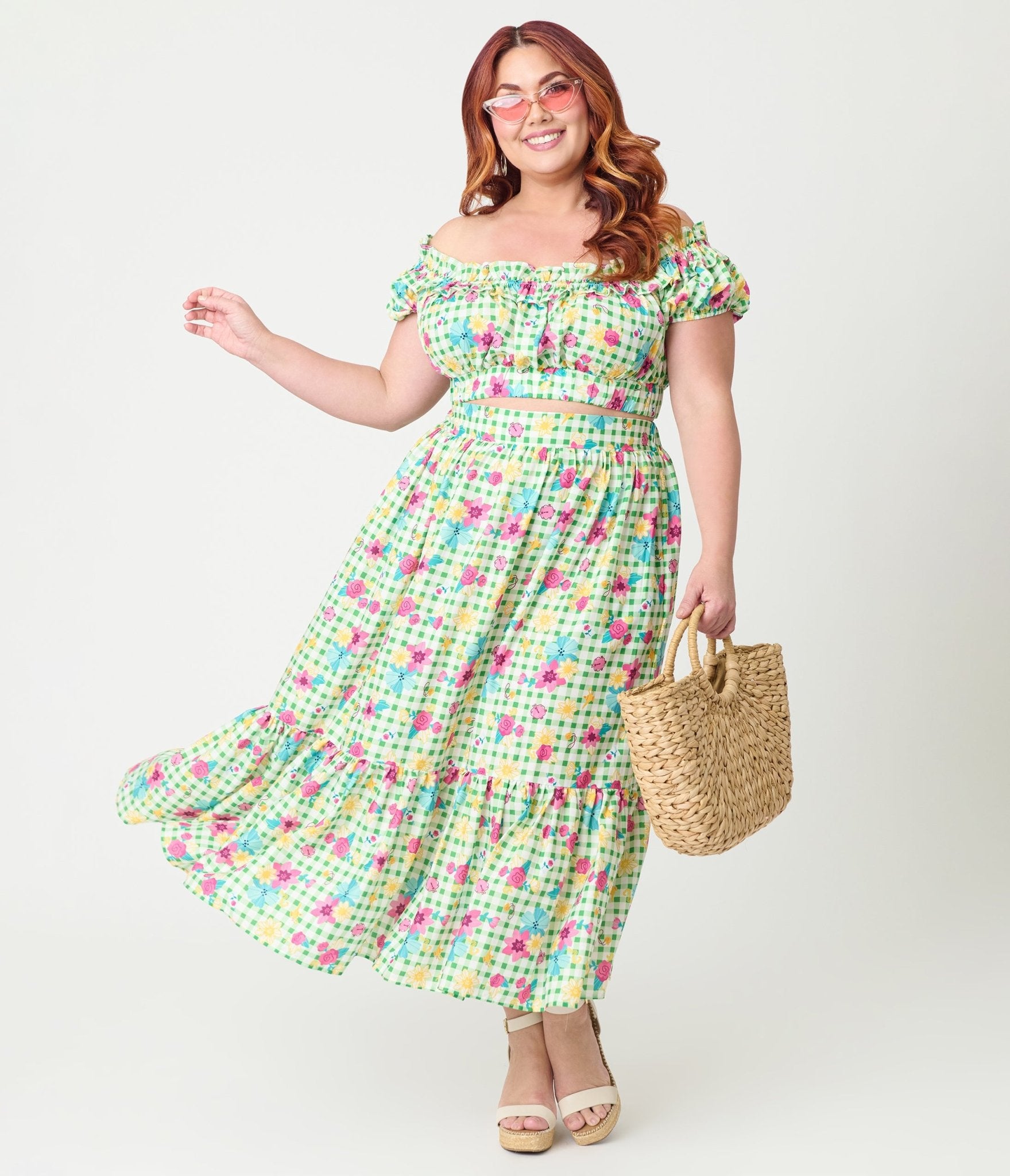 Disney Princess Collection by Unique Vintage Plus Size Green Gingham Ruffle Up Crop Top - Unique Vintage - Womens, TOPS, WOVEN TOPS