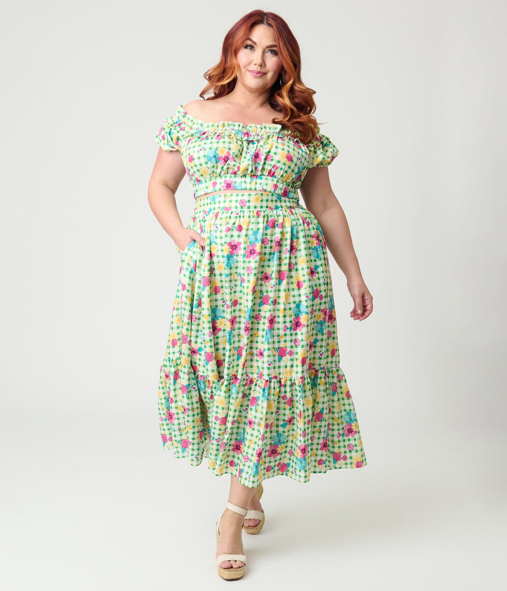Disney Princess Collection by Unique Vintage Plus Size Green Gingham Ruffle Up Crop Top - Unique Vintage - Womens, TOPS, WOVEN TOPS