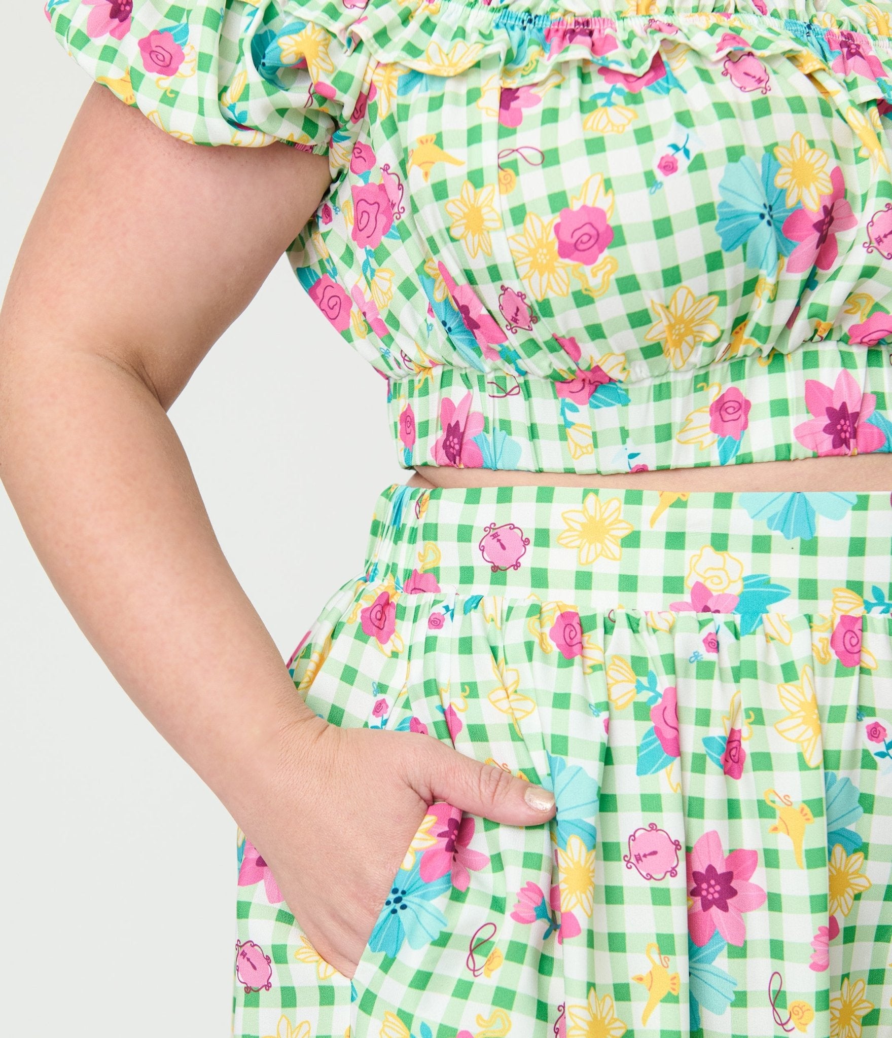 Disney Princess Collection by Unique Vintage Plus Size Green Gingham Ruffle Up Crop Top - Unique Vintage - Womens, TOPS, WOVEN TOPS