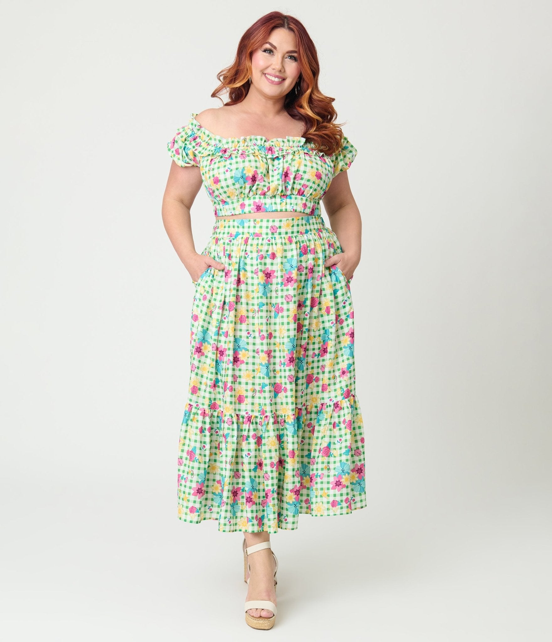 Disney Princess Collection by Unique Vintage Plus Size Green Gingham Tiered Midi Skirt - Unique Vintage - Womens, BOTTOMS, SKIRTS