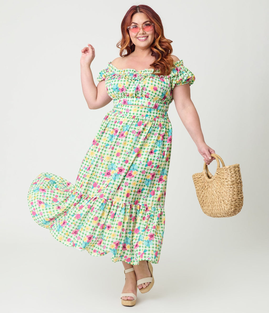 Disney Princess Collection by Unique Vintage Plus Size Green Gingham Tiered Midi Skirt - Unique Vintage - Womens, BOTTOMS, SKIRTS