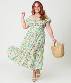 Disney Princess Collection by Unique Vintage Plus Size Green Gingham Tiered Midi Skirt - Unique Vintage - Womens, BOTTOMS, SKIRTS