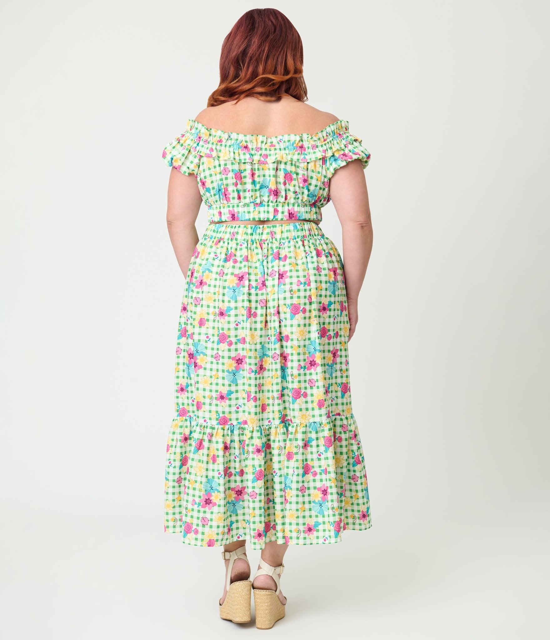 Disney Princess Collection by Unique Vintage Plus Size Green Gingham Tiered Midi Skirt - Unique Vintage - Womens, BOTTOMS, SKIRTS