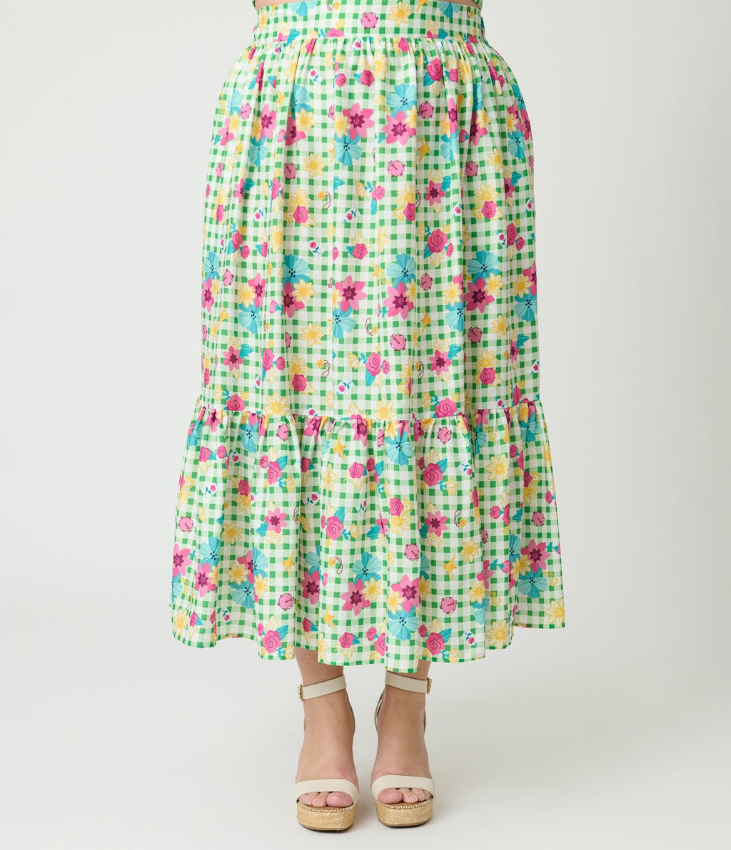 Disney Princess Collection by Unique Vintage Plus Size Green Gingham Tiered Midi Skirt - Unique Vintage - Womens, BOTTOMS, SKIRTS