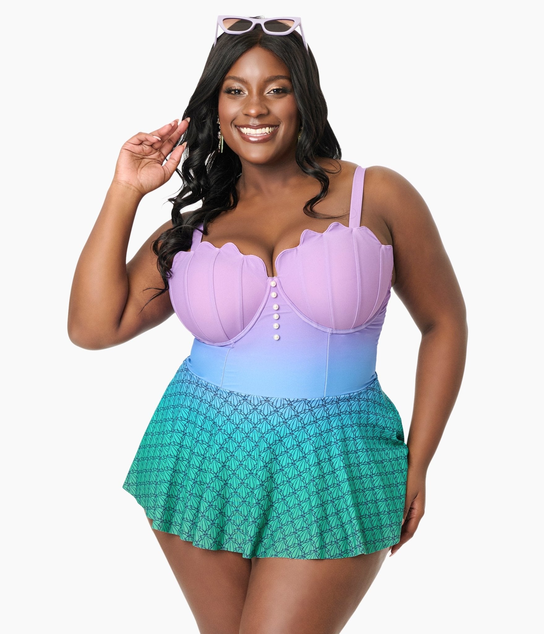 Disney Princess Collection by Unique Vintage Plus Mermaid Ombre Skirted One Piece Swimsuit - Unique Vintage - Womens, SWIM