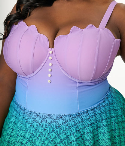 Disney Princess Collection by Unique Vintage Plus Mermaid Ombre Skirted One Piece Swimsuit - Unique Vintage - Womens, SWIM