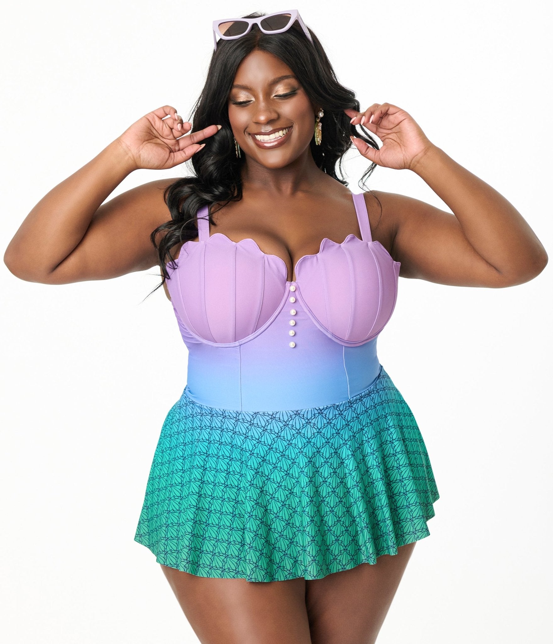 Disney Princess Collection by Unique Vintage Plus Mermaid Ombre Skirted One Piece Swimsuit - Unique Vintage - Womens, SWIM