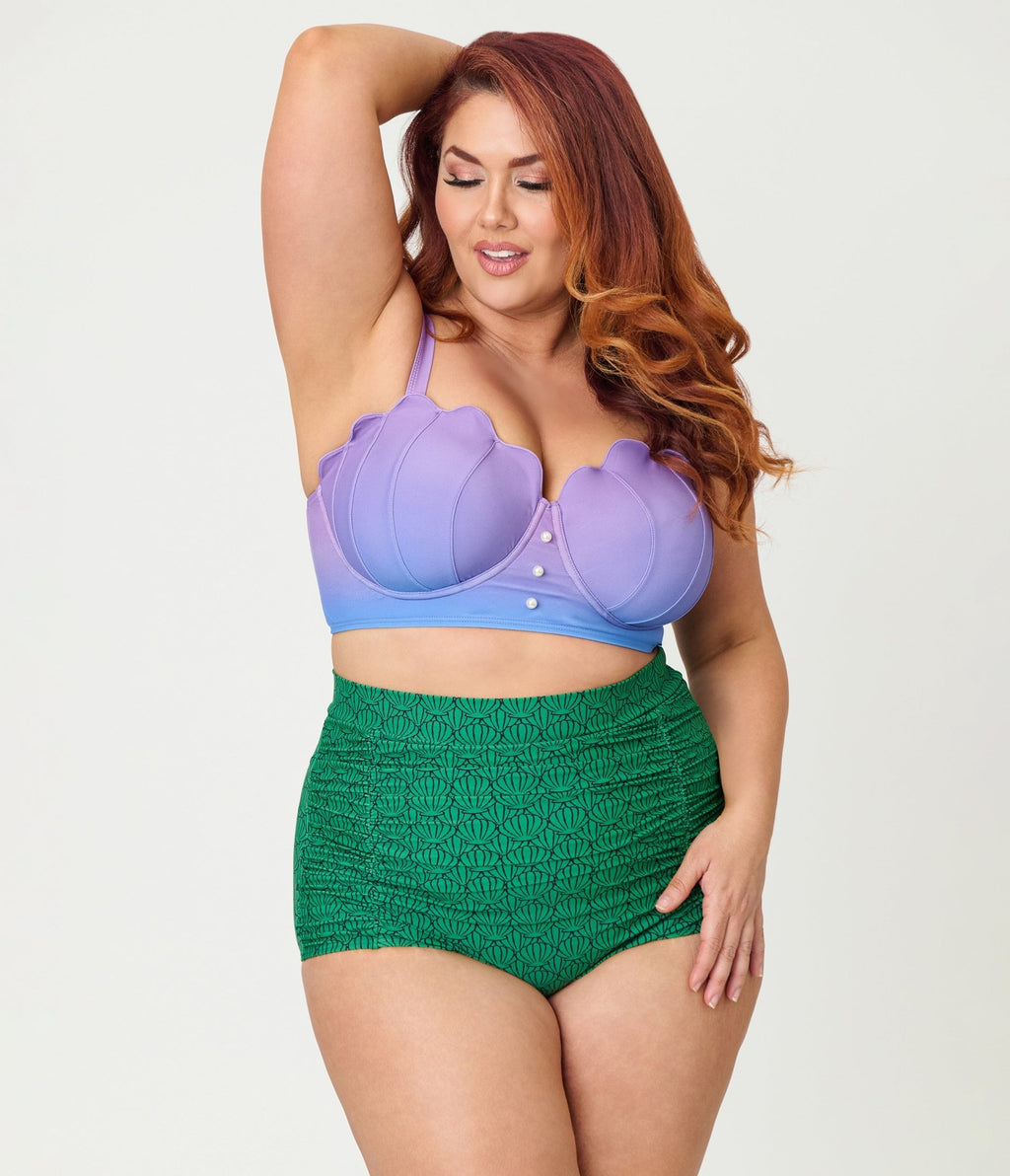 Disney Princess Collection by Unique Vintage Plus Size Purple Shell Ariel Crop Swim Top - Unique Vintage - Womens, SWIM, TOP