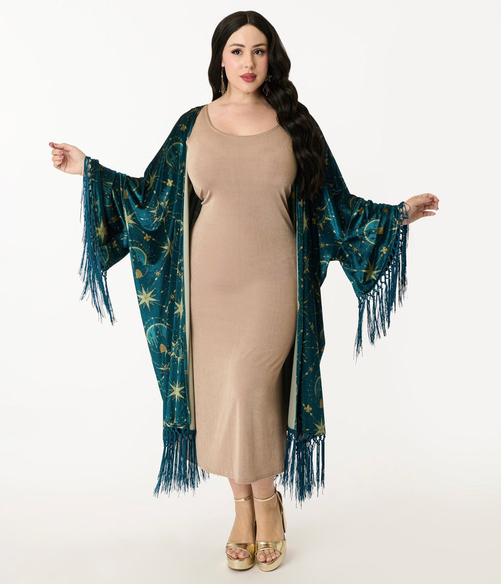 Disney Princess Collection by Unique Vintage Teal & Gold Royal Palace Velvet Fringe Kimono - Unique Vintage - Womens, FLAPPER, COATS