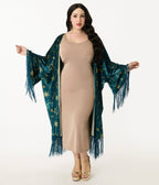 Disney Princess Collection by Unique Vintage Teal & Gold Royal Palace Velvet Fringe Kimono - Unique Vintage - Womens, FLAPPER, COATS