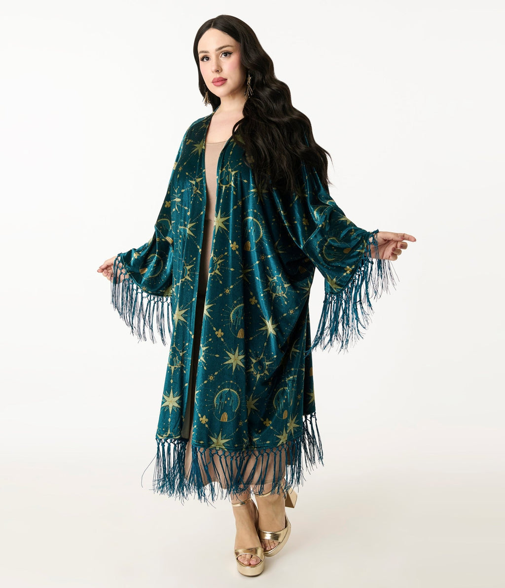 Disney Princess Collection by Unique Vintage Teal & Gold Royal Palace Velvet Fringe Kimono - Unique Vintage - Womens, FLAPPER, COATS