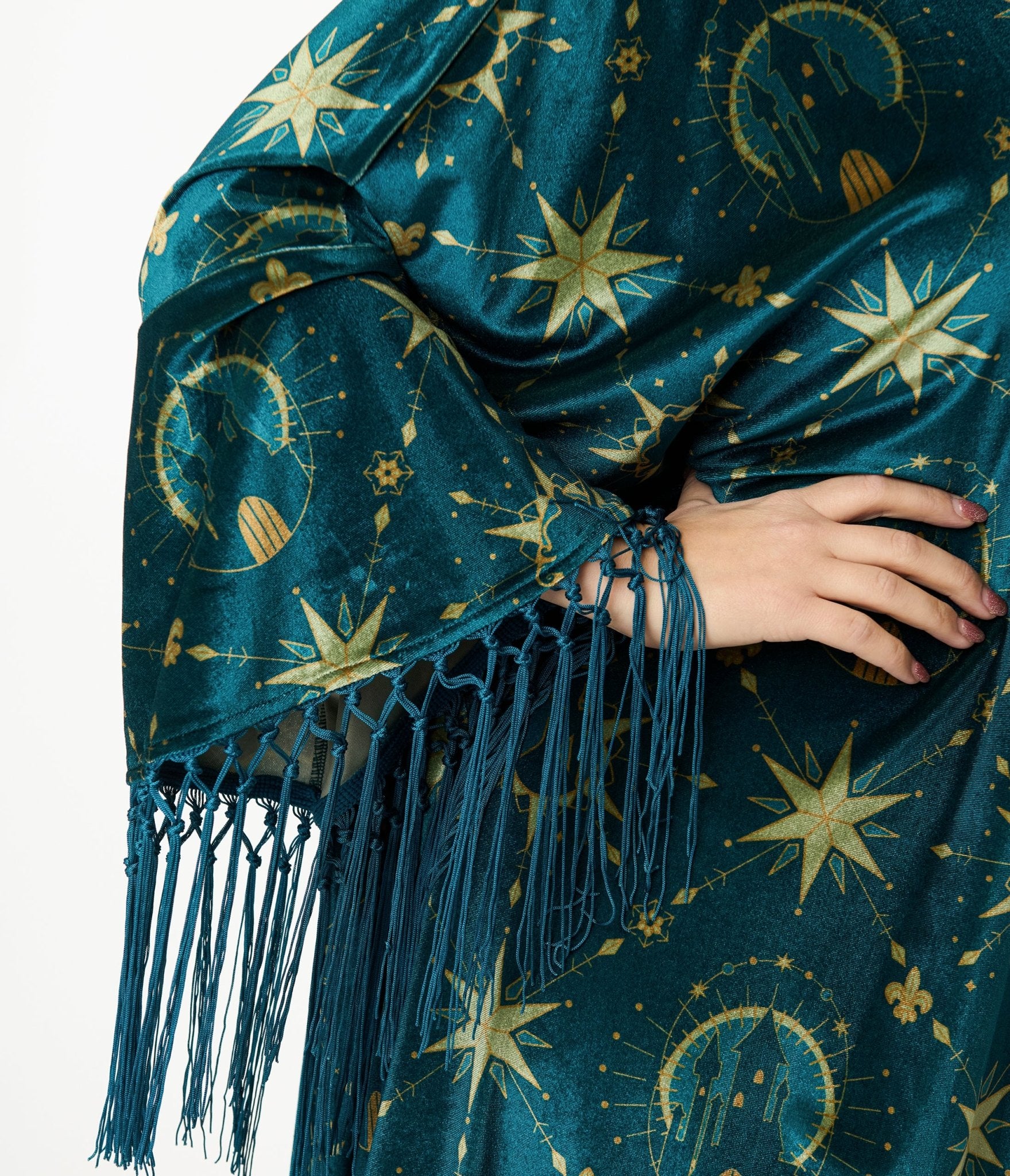 Disney Princess Collection by Unique Vintage Teal & Gold Royal Palace Velvet Fringe Kimono - Unique Vintage - Womens, FLAPPER, COATS