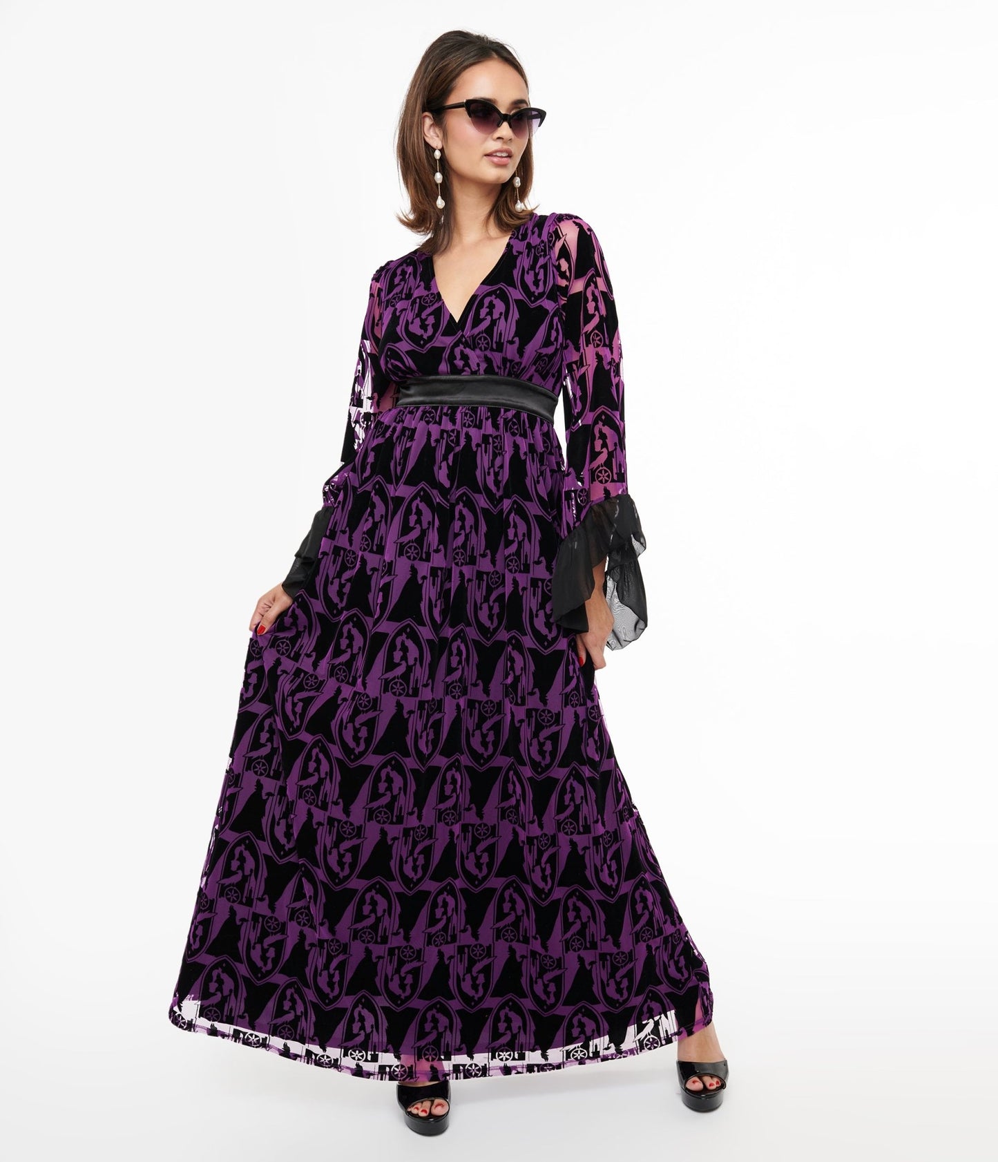 Disney Princess x Unique Vintage Purple & Black Velvet Maleficent Print Maxi Dress - Unique Vintage - Womens, DRESSES, MAXI
