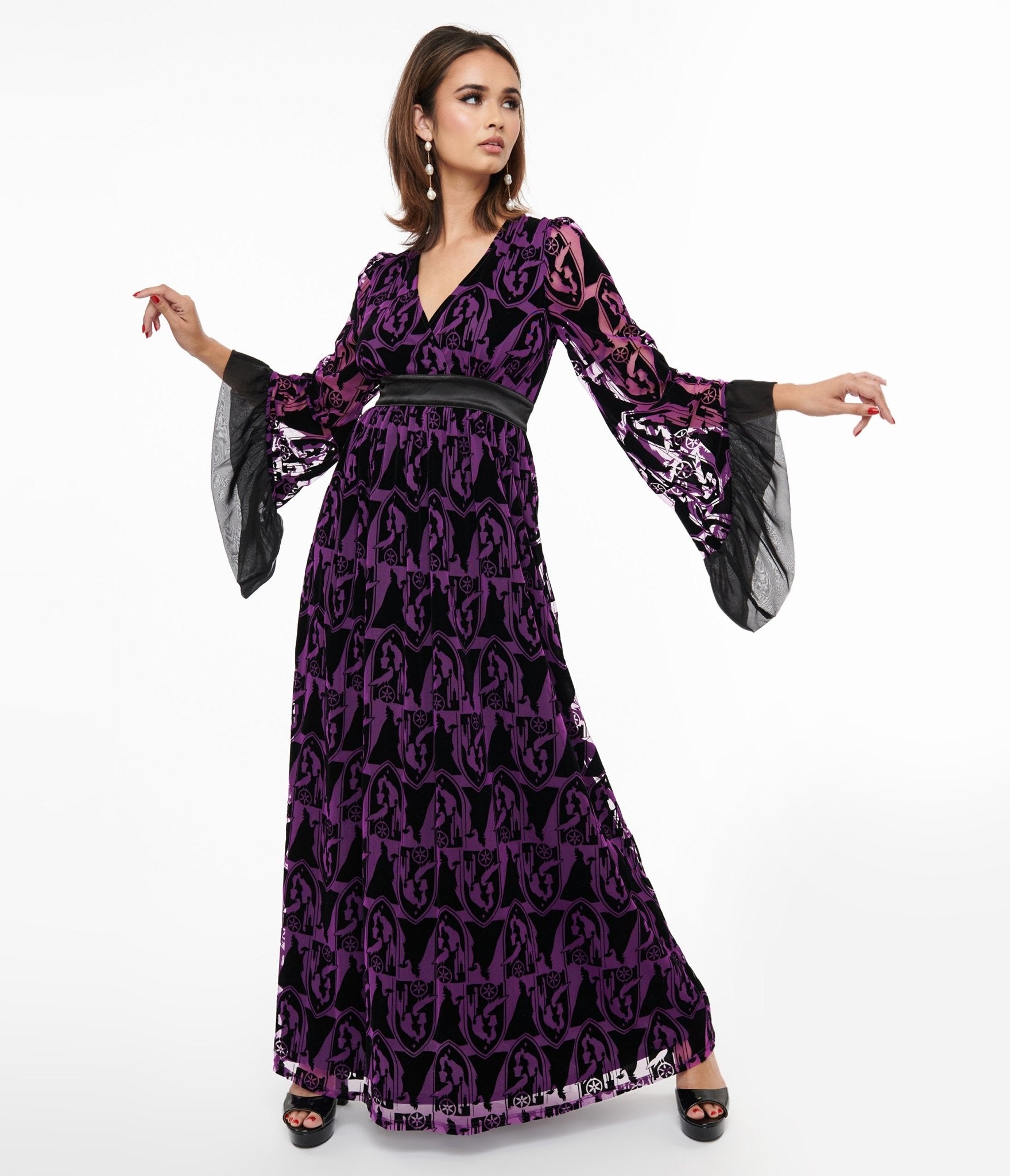 Disney Princess x Unique Vintage Purple & Black Velvet Maleficent Print Maxi Dress - Unique Vintage - Womens, DRESSES, MAXI