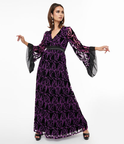 Disney Princess x Unique Vintage Purple & Black Velvet Maleficent Print Maxi Dress - Unique Vintage - Womens, DRESSES, MAXI