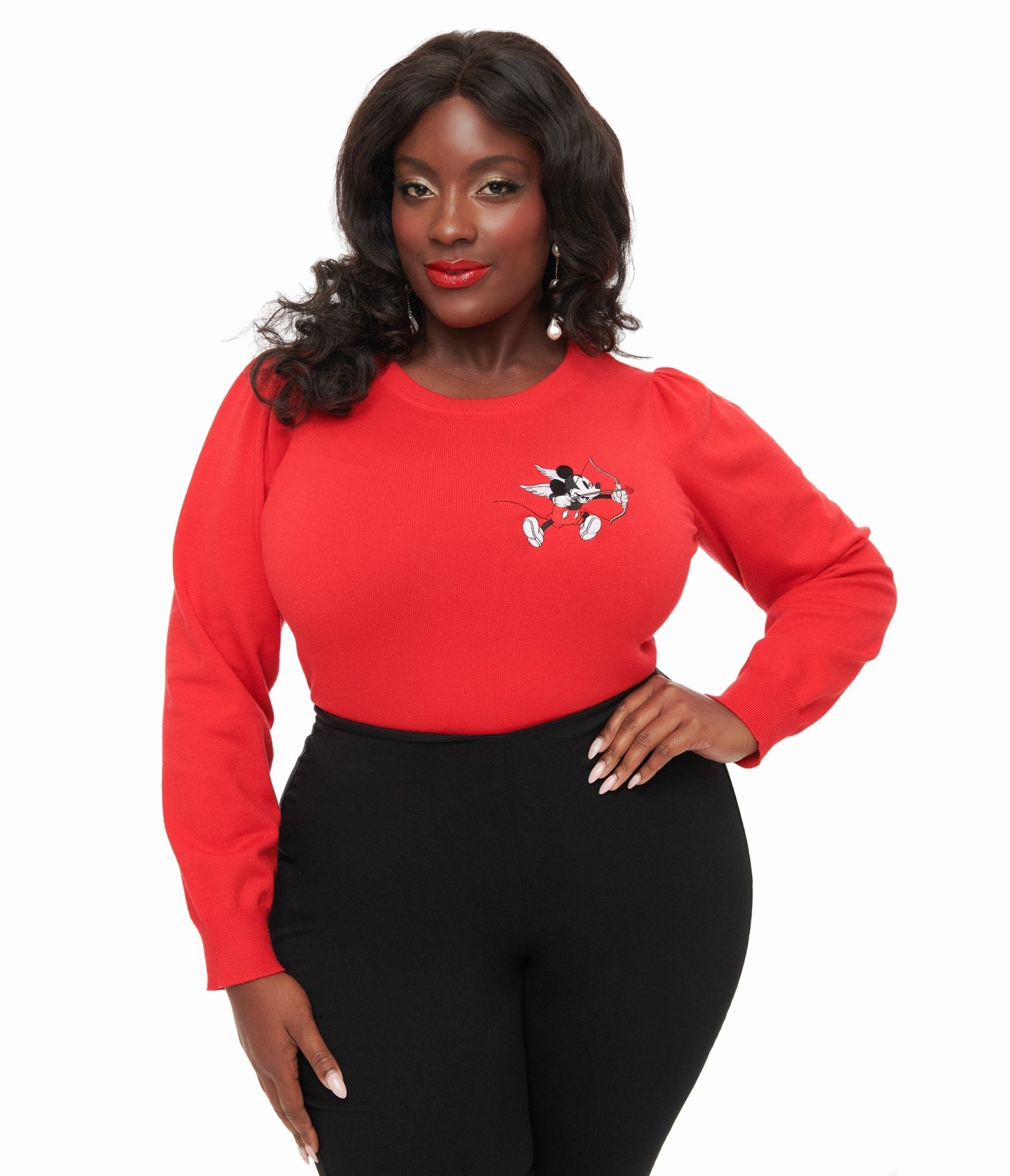 Disney Valentine Collection by Unique Vintage Plus Size Red Cupid Mickey Embroidered Sweater - Unique Vintage - Womens, TOPS