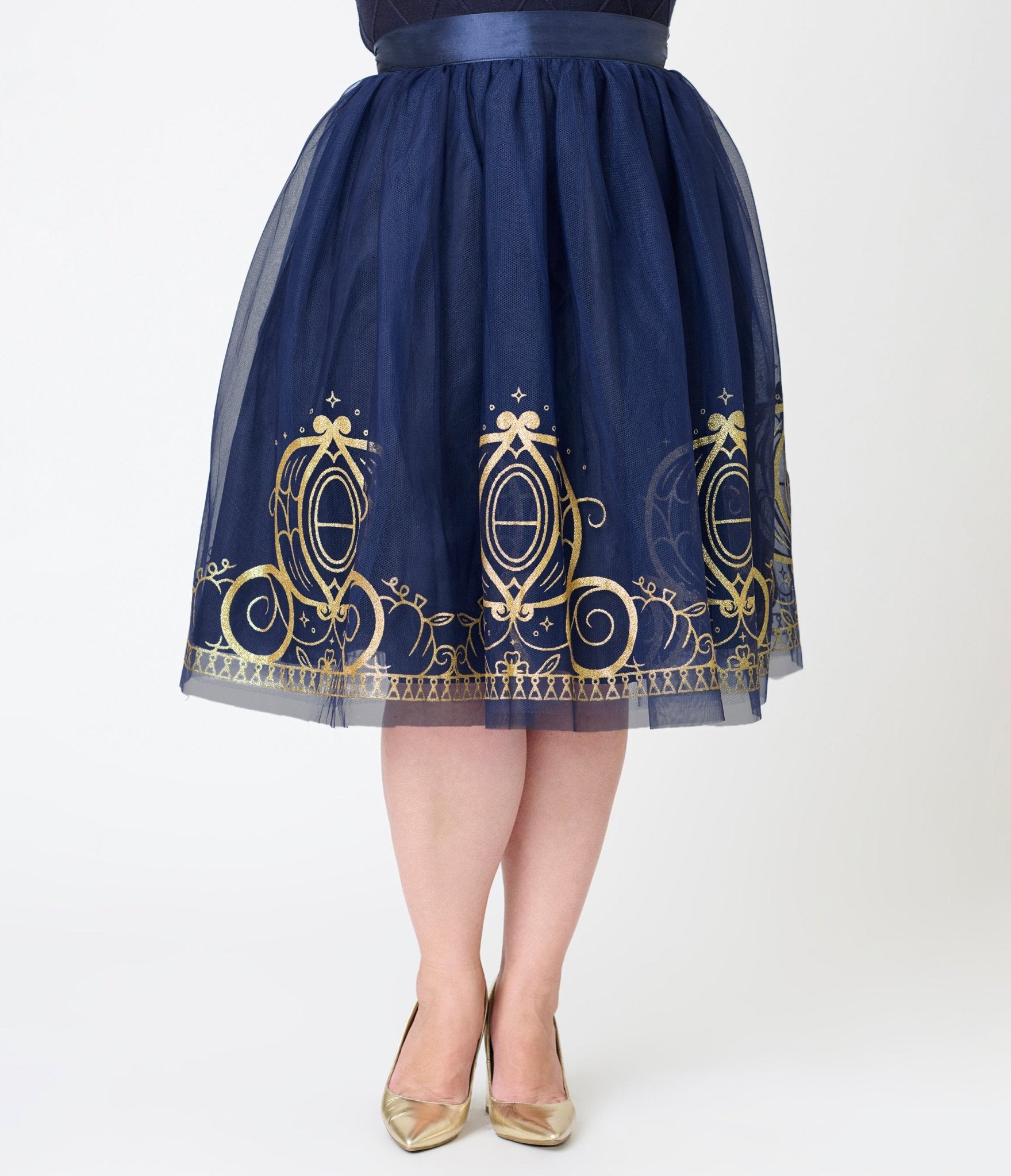 Disney Cinderella Collection by Unique Vintage Plus Navy Tulle Gold Glitter Carriage Skirt - Unique Vintage - Womens, SKIRTS
