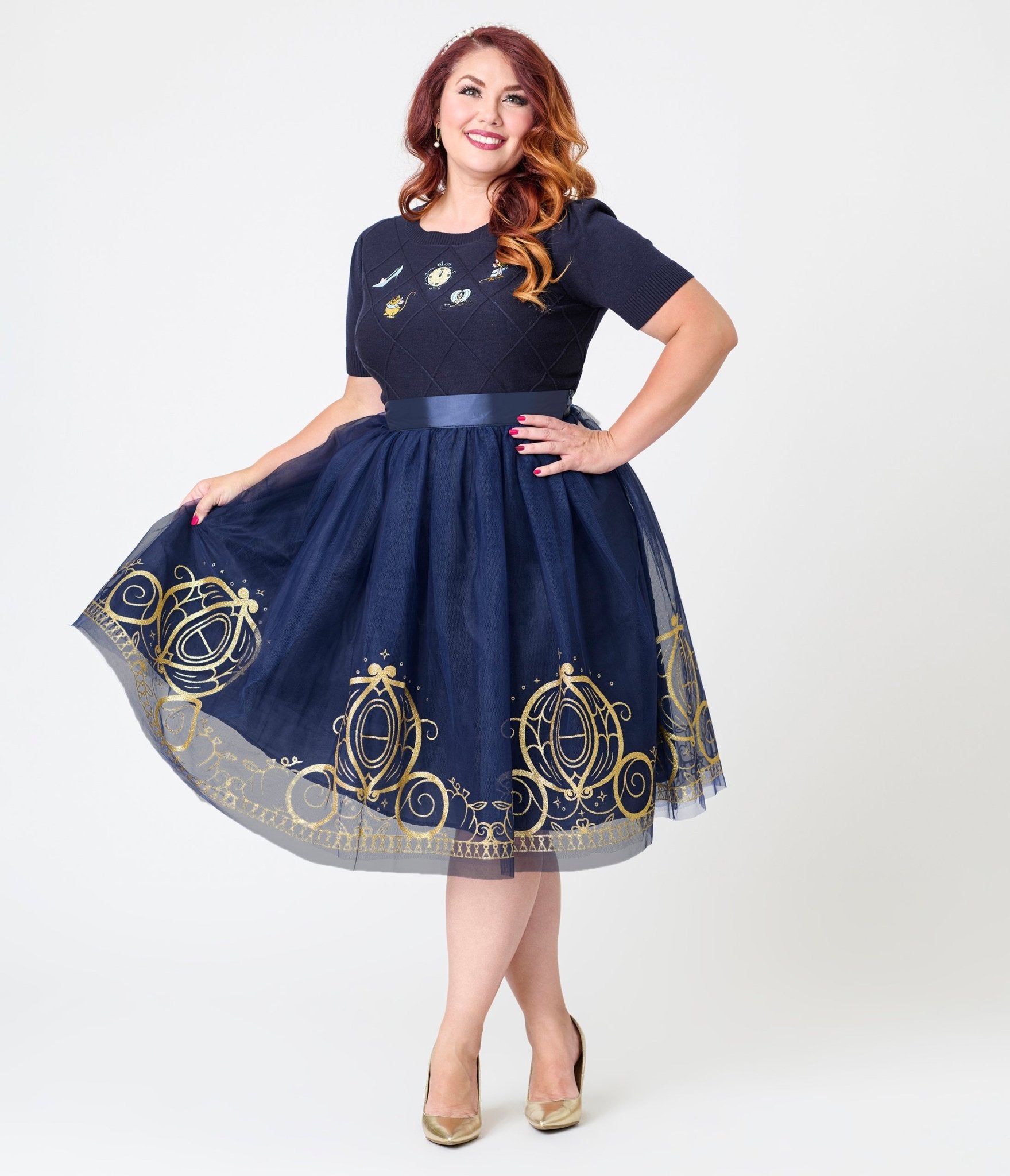 Disney Cinderella Collection by Unique Vintage Plus Navy Tulle Gold Glitter Carriage Skirt - Unique Vintage - Womens, SKIRTS