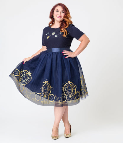 Disney Cinderella Collection by Unique Vintage Plus Navy Tulle Gold Glitter Carriage Skirt - Unique Vintage - Womens, SKIRTS