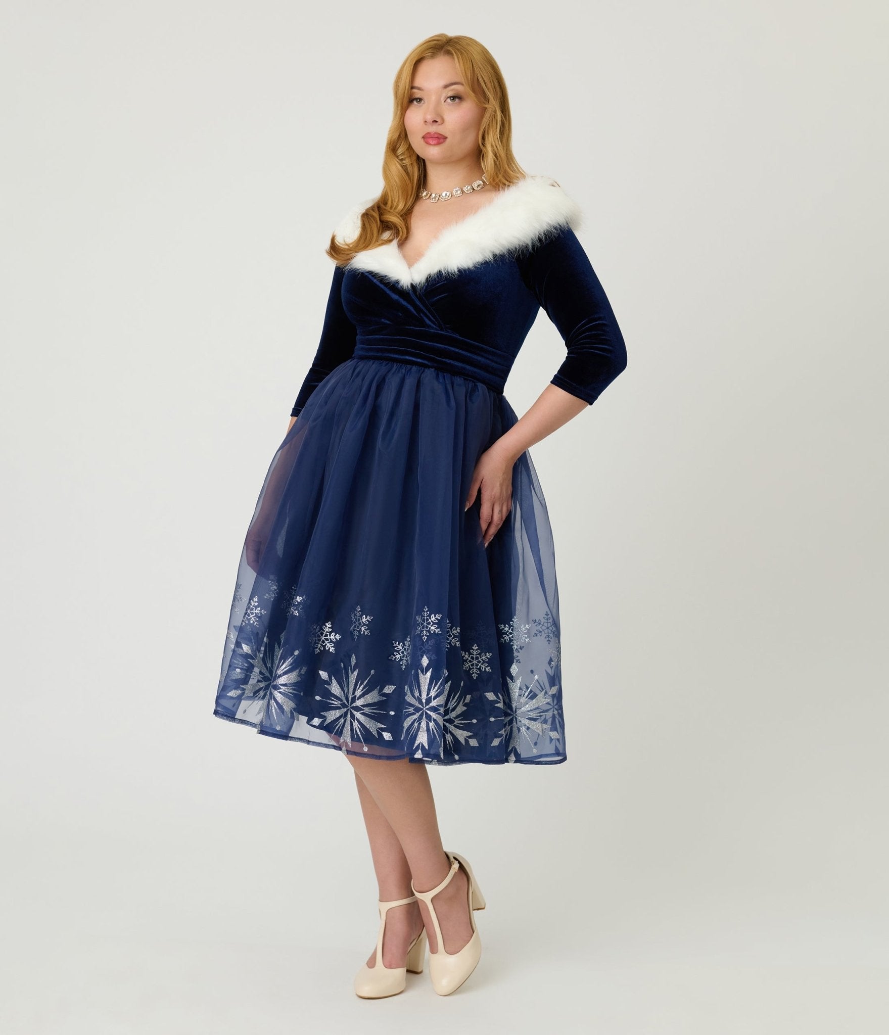 Disney's Frozen Collection by Unique Vintage Blue Velvet & Glitter Snow Marceline Swing Dress - Unique Vintage - Womens, DRESSES, SWING